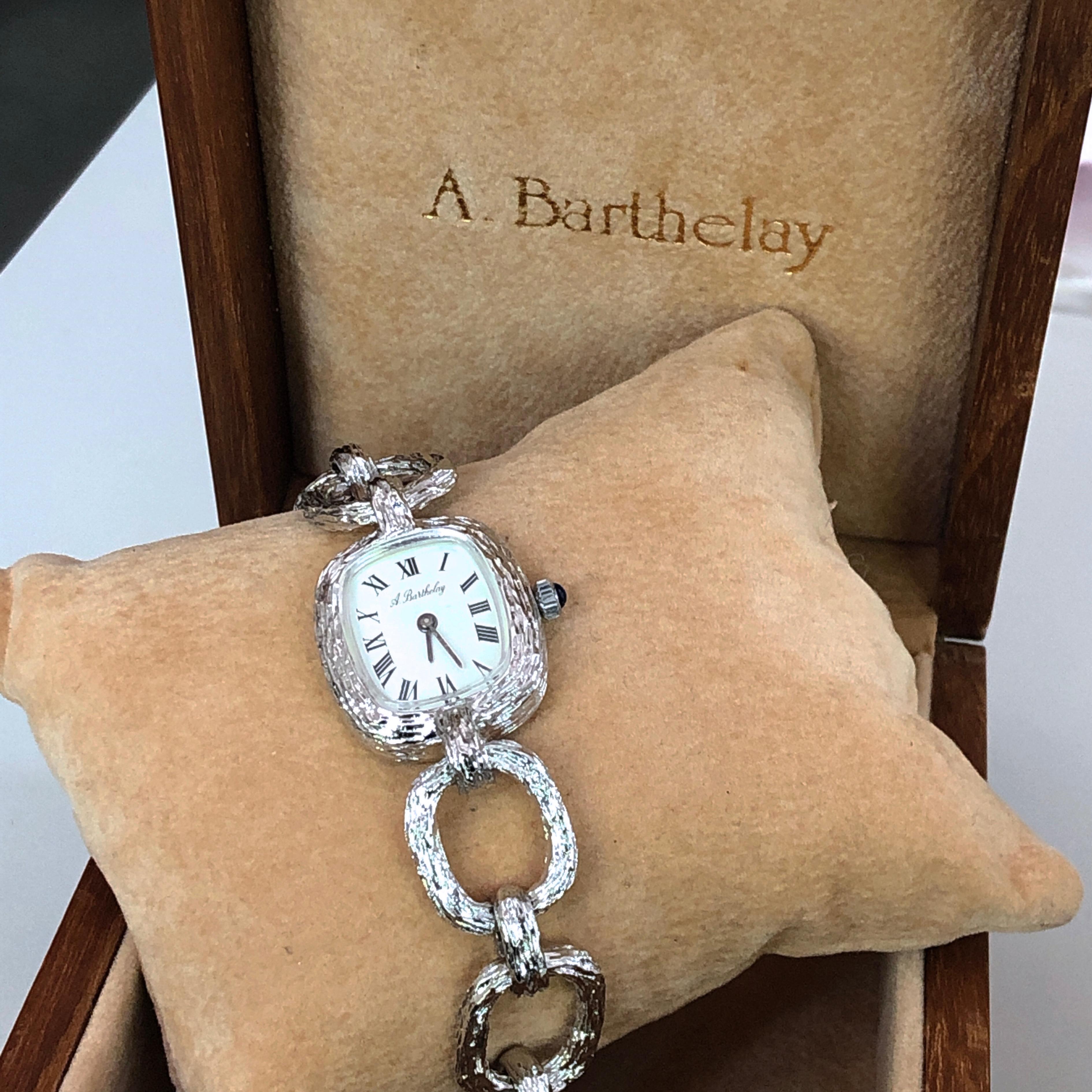 Original 1970er Alexis Barthelay Handaufzug Uhrwerk Kette Silber Uhr im Angebot 4