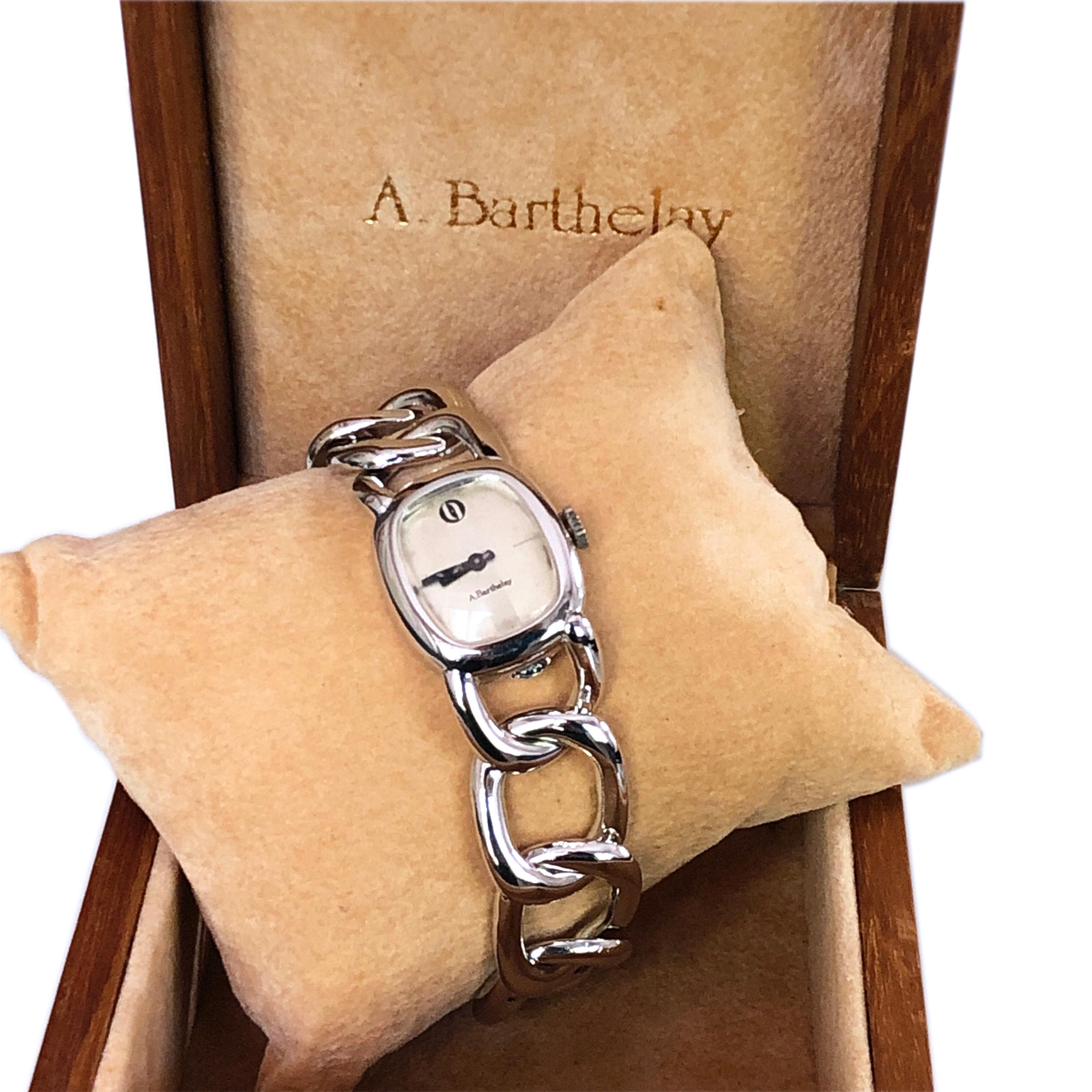 Original 1970er Alexis Barthelay Handaufzug Uhrwerk Kette Silber Uhr im Angebot 8