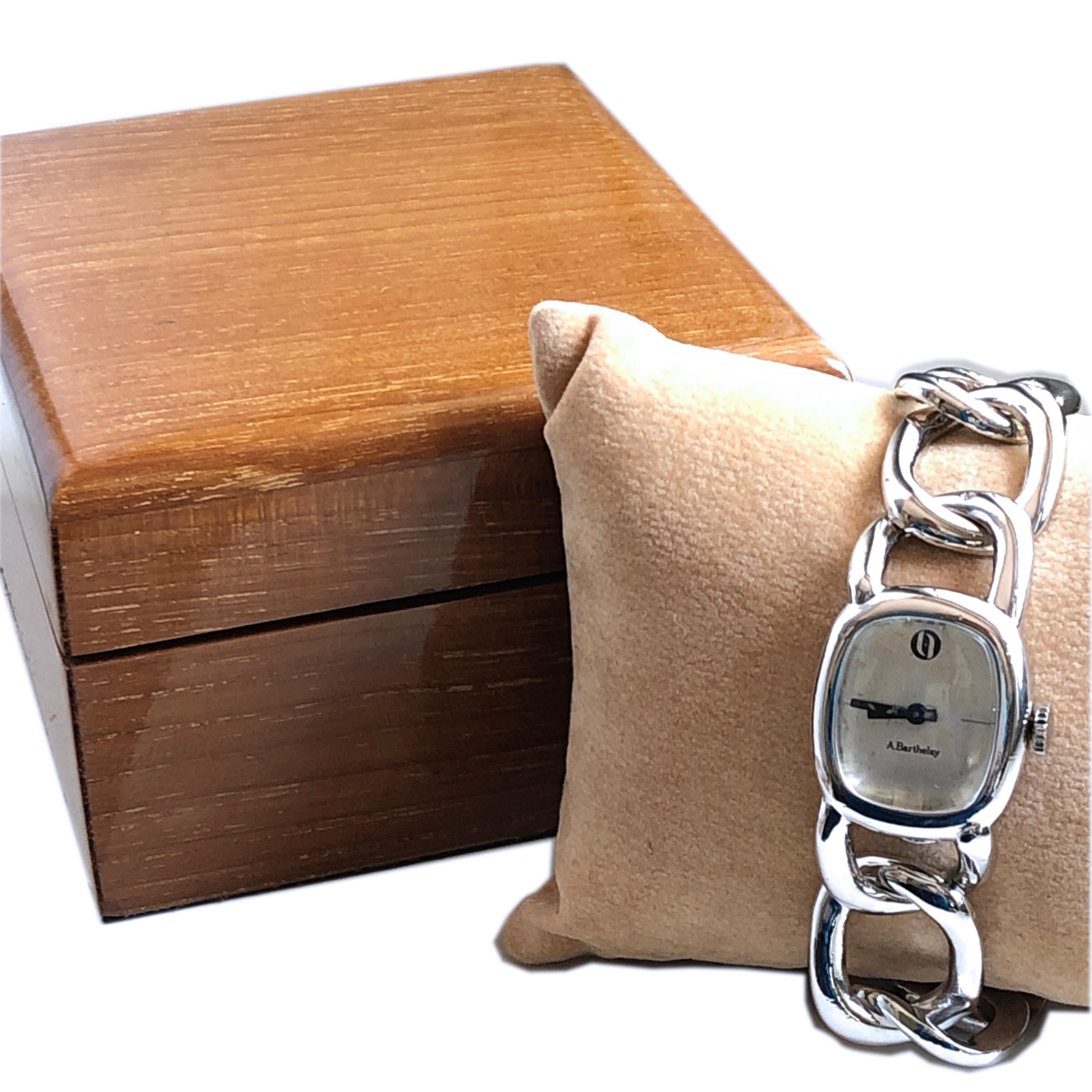 Original 1970er Alexis Barthelay Handaufzug Uhrwerk Kette Silber Uhr im Angebot 9