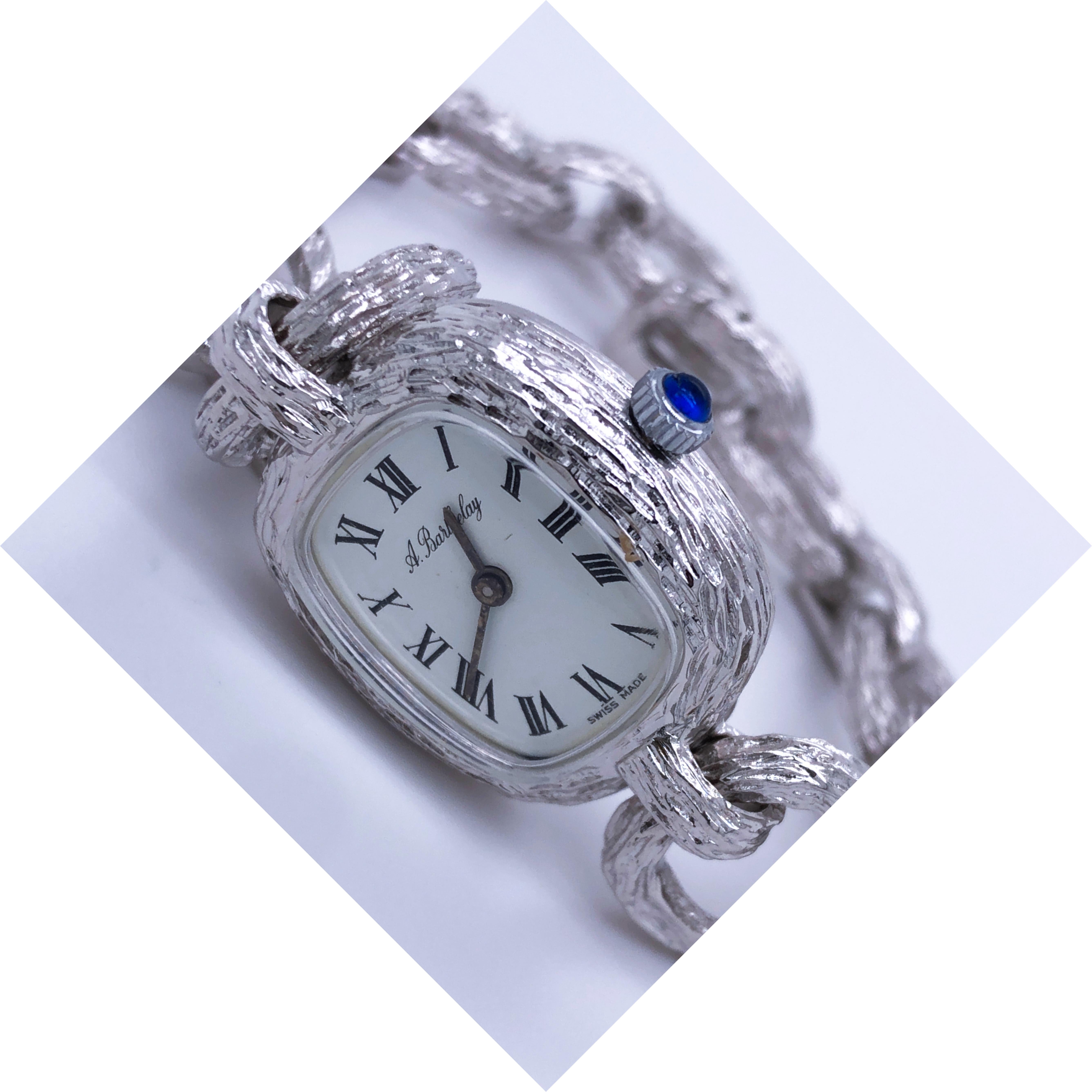 Cabochon Original 1970s Alexis Barthelay Manual-Winding Movement Chain Silver Watch For Sale