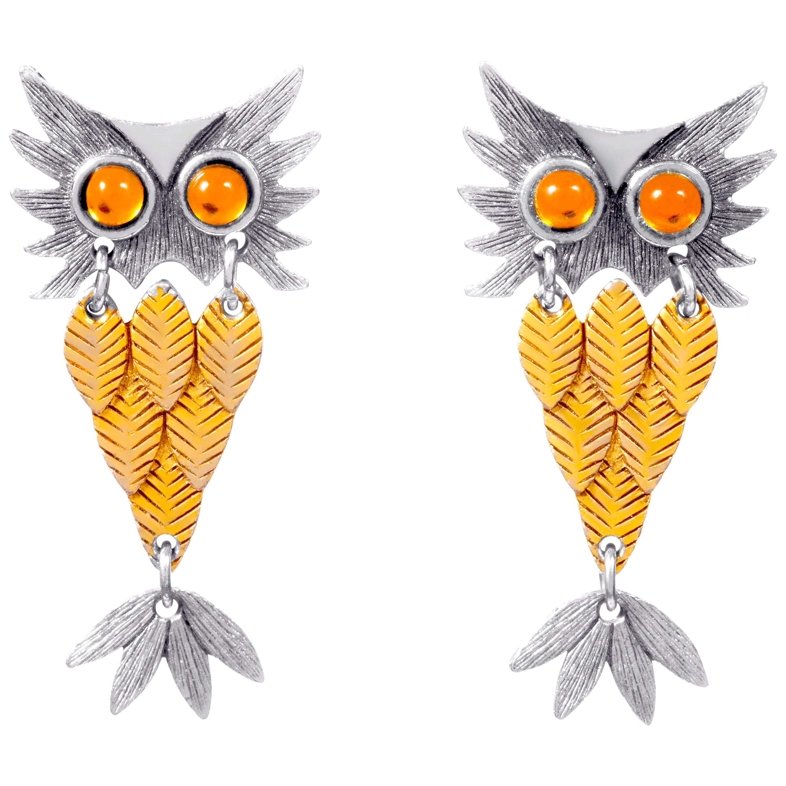Original 1970s Articulated Owl Clip Earrings For Sale