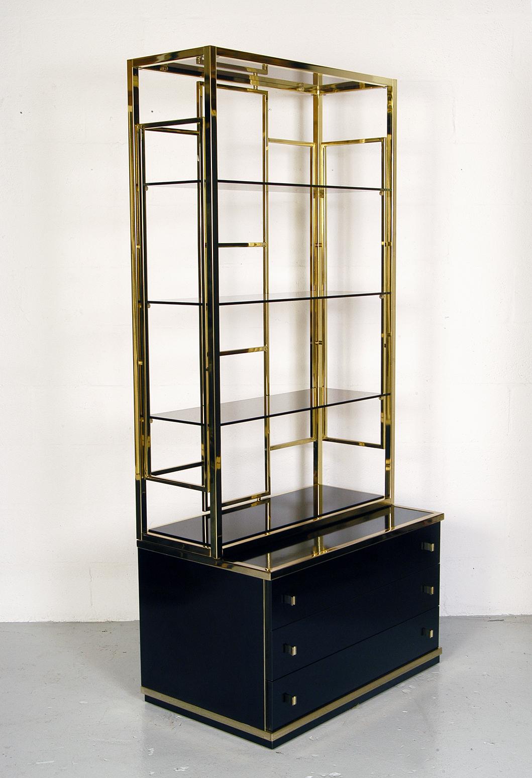 Original 1970s Italian Brass and Black Gloss Wall System Cabinets by Renato Zevi 7