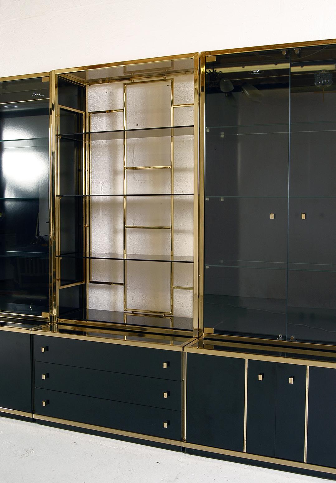Modern Original 1970s Italian Brass and Black Gloss Wall System Cabinets by Renato Zevi