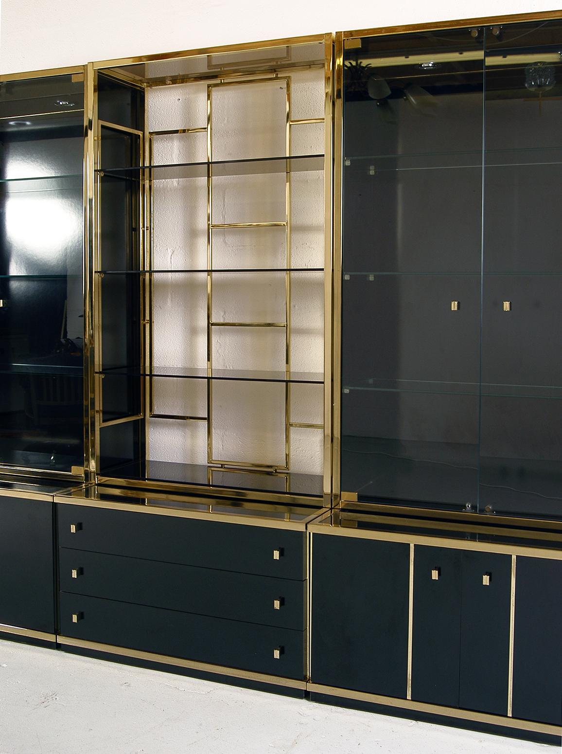 Late 20th Century Original 1970s Italian Brass and Black Gloss Wall System Cabinets by Renato Zevi