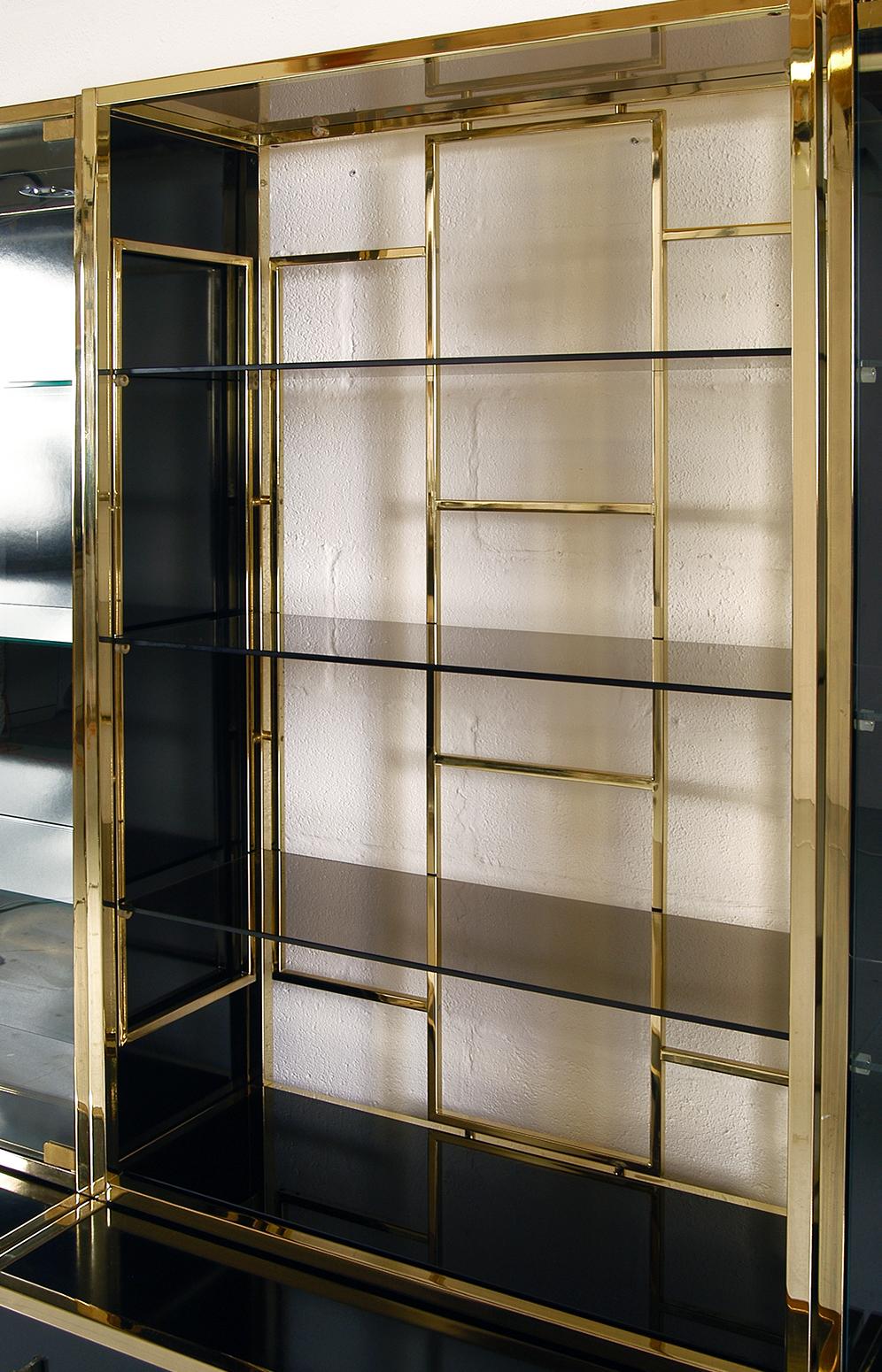 Original 1970s Italian Brass and Black Gloss Wall System Cabinets by Renato Zevi 1