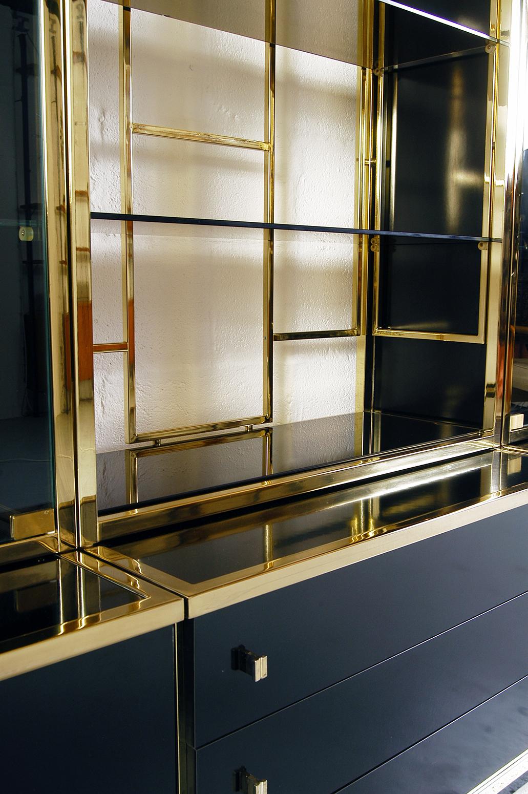 Original 1970s Italian Brass and Black Gloss Wall System Cabinets by Renato Zevi 2