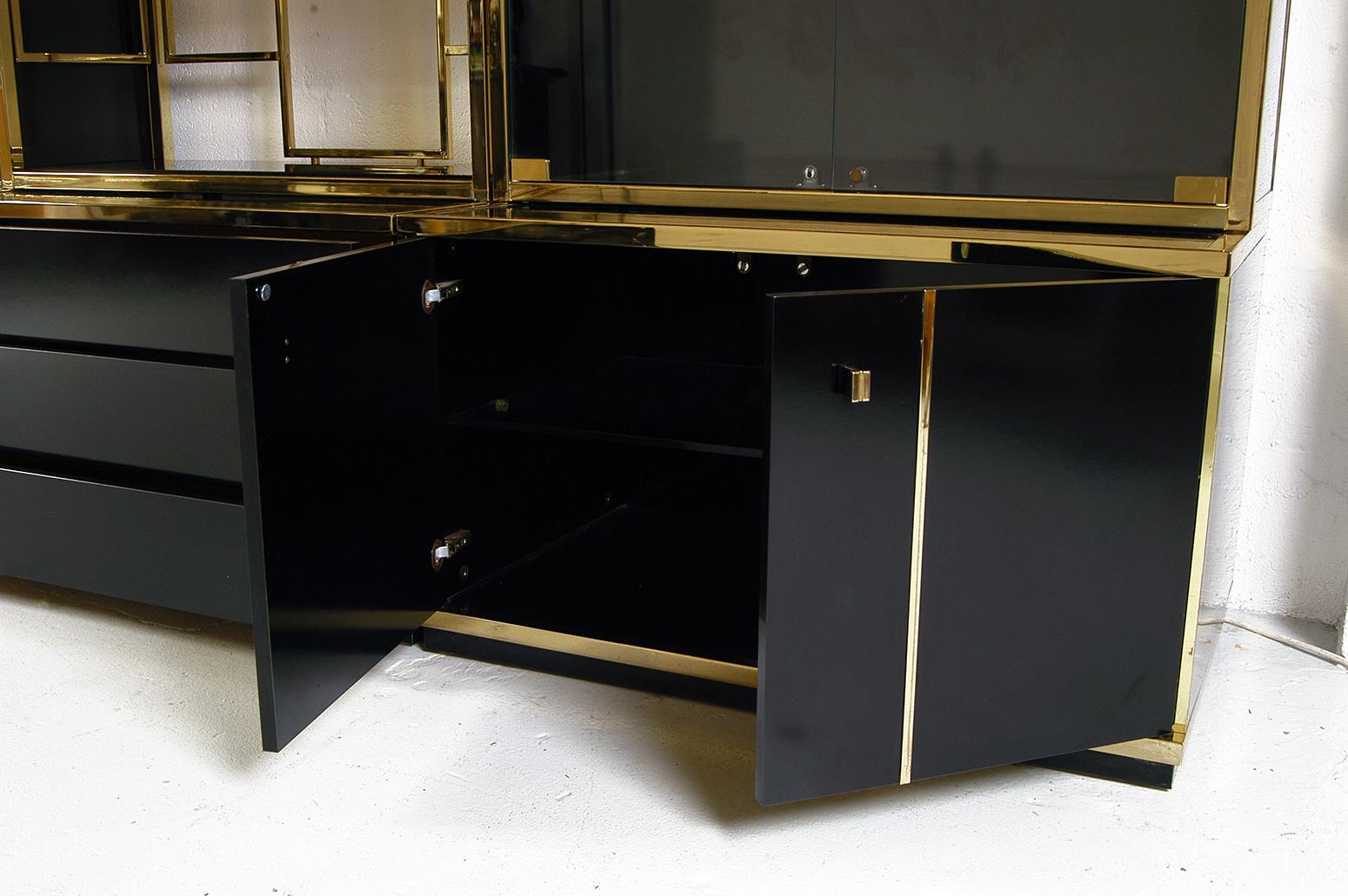 Original 1970s Italian Brass and Black Gloss Wall System Cabinets by Renato Zevi 4