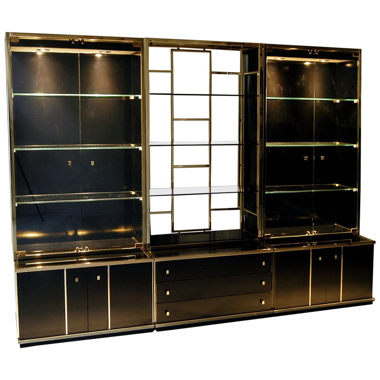 Original 1970s Italian Brass and Black Gloss Wall System Cabinets by Renato Zevi