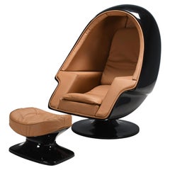 Original 1970er Lee West 'Alpha Stereo Egg Chair, Schwarzes Fiberglas und Leder