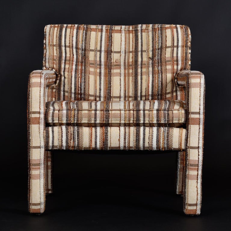 Original 1970's Milo Baughman Style Plaid Fabric Parsons Club Chairs by