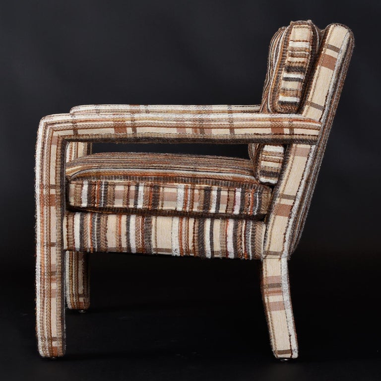 Original 1970's Milo Baughman Style Plaid Fabric Parsons Club Chairs by