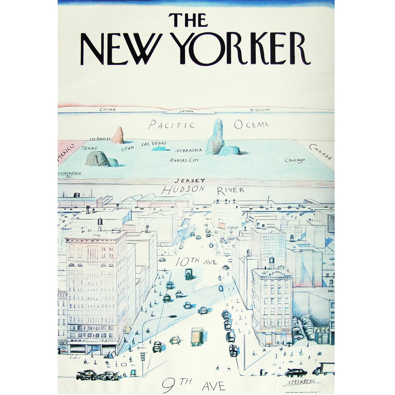 Original 1976 advertising poster for The New Yorker. 'The World as Seen From 9th Avenue' design by Saul Steinberg, USA. 

This was the limited edition release of 10000 offset lithographs by the New Yorker Magazine.

First edition color offset