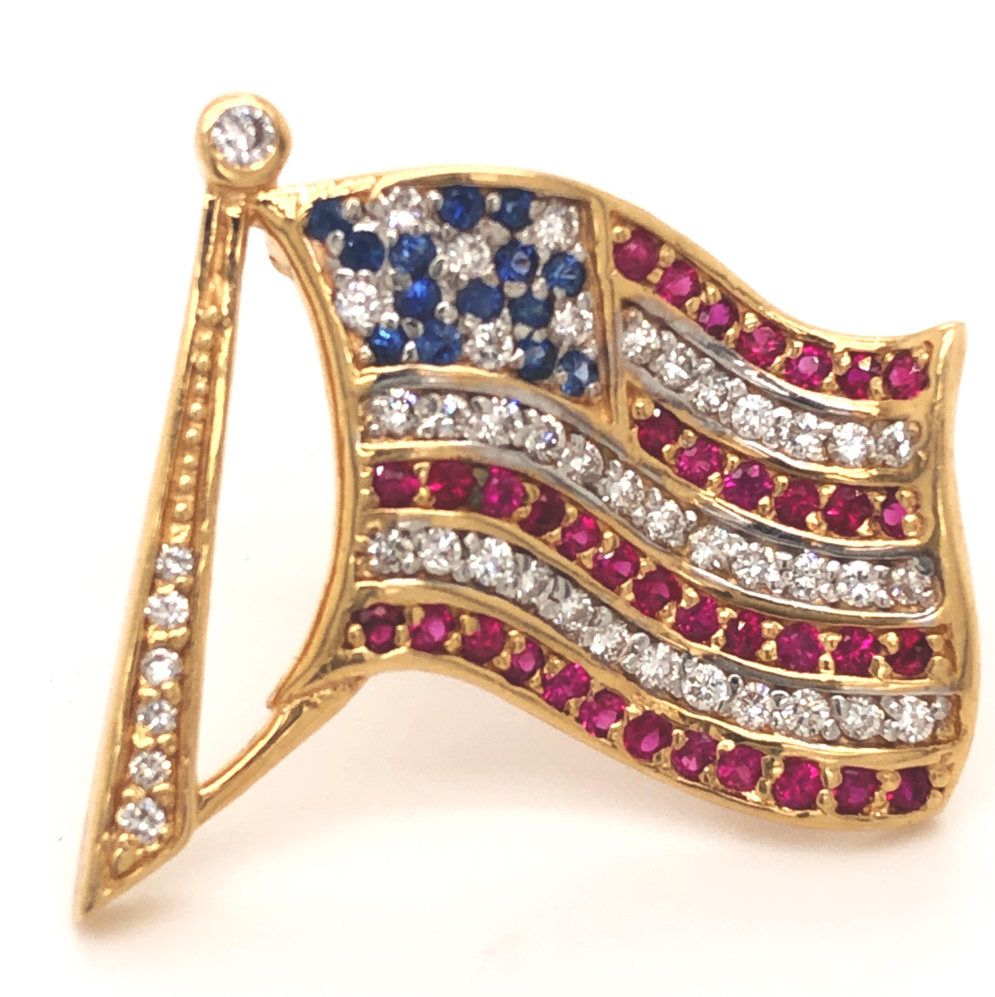 Original 1970's White Diamond Ruby Sapphire American Flag In Excellent Condition In Valenza, IT