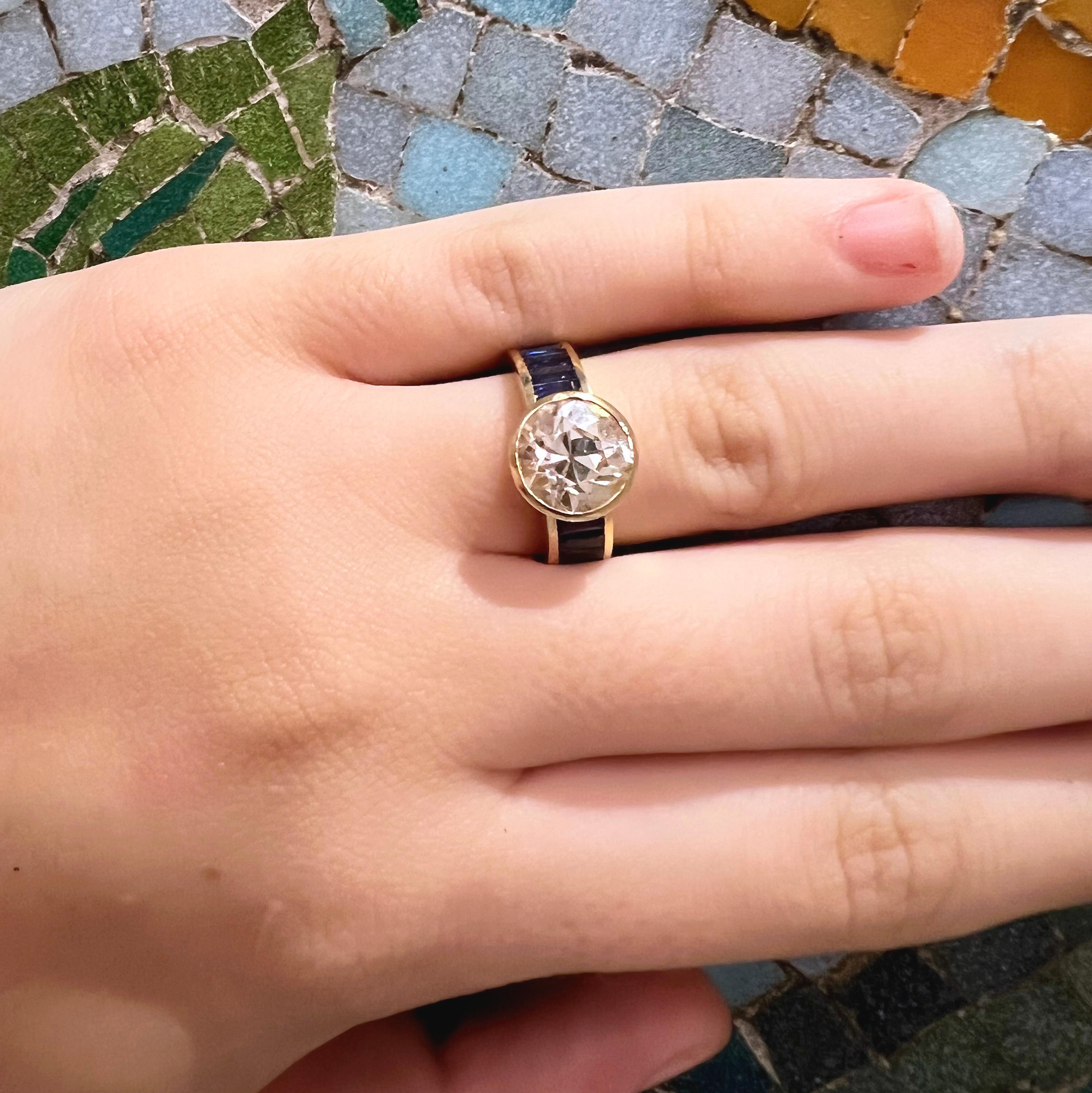 Anello da cocktail originale del 1980 con diamante bianco da 3,29 carati e zaffiro blu da 1,96 carati in vendita 6