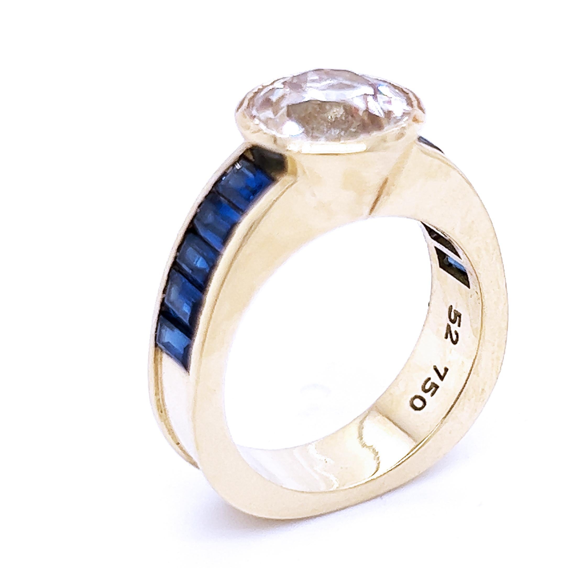 Modern Original 1980 3.29Kt White Diamond 1.96 Kt Blue Sapphire Baguette Cocktail Ring For Sale