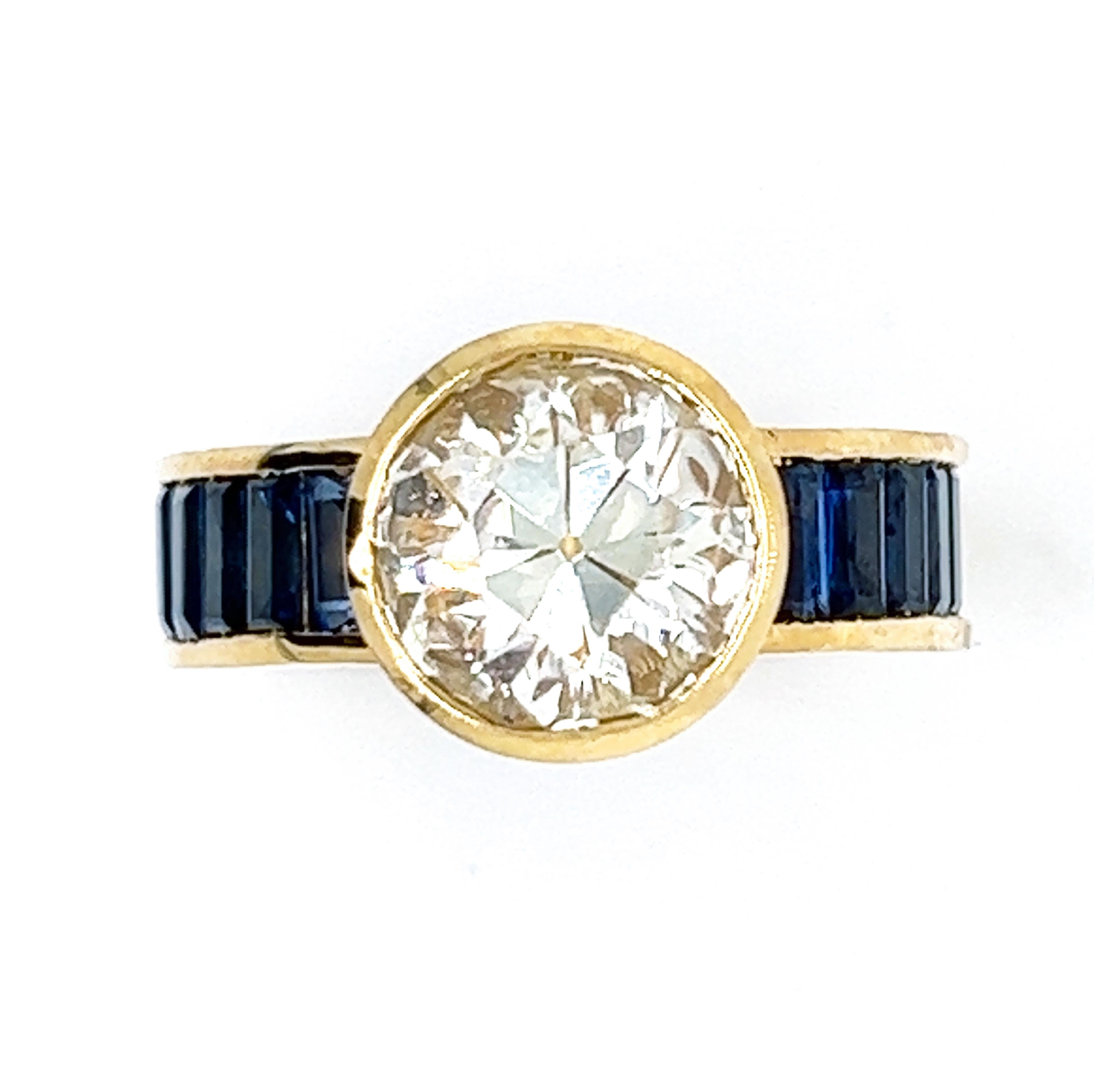 Old European Cut Original 1980 3.29Kt White Diamond 1.96 Kt Blue Sapphire Baguette Cocktail Ring For Sale