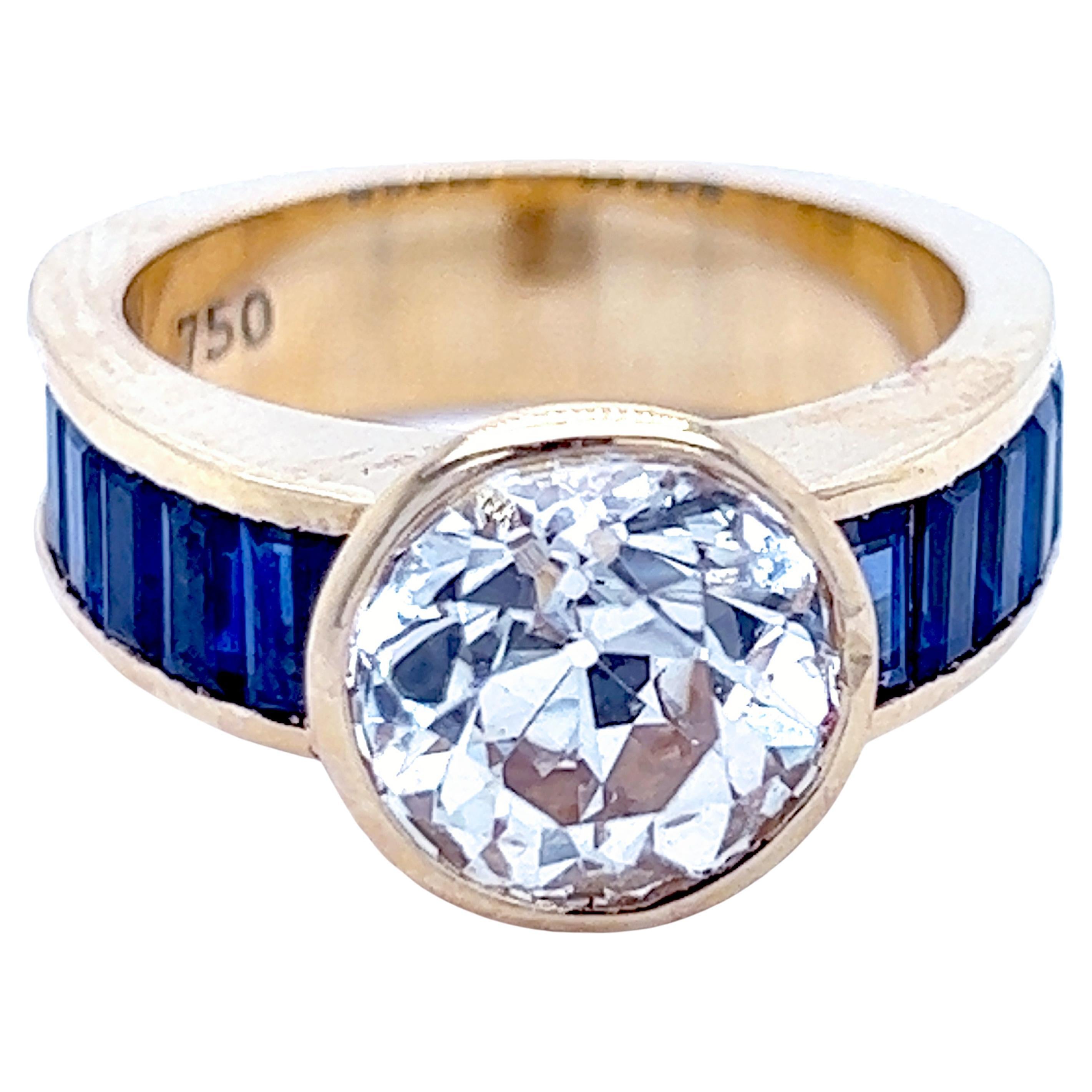 Original 1980 3.29Kt White Diamond 1.96 Kt Blue Sapphire Baguette Cocktail Ring