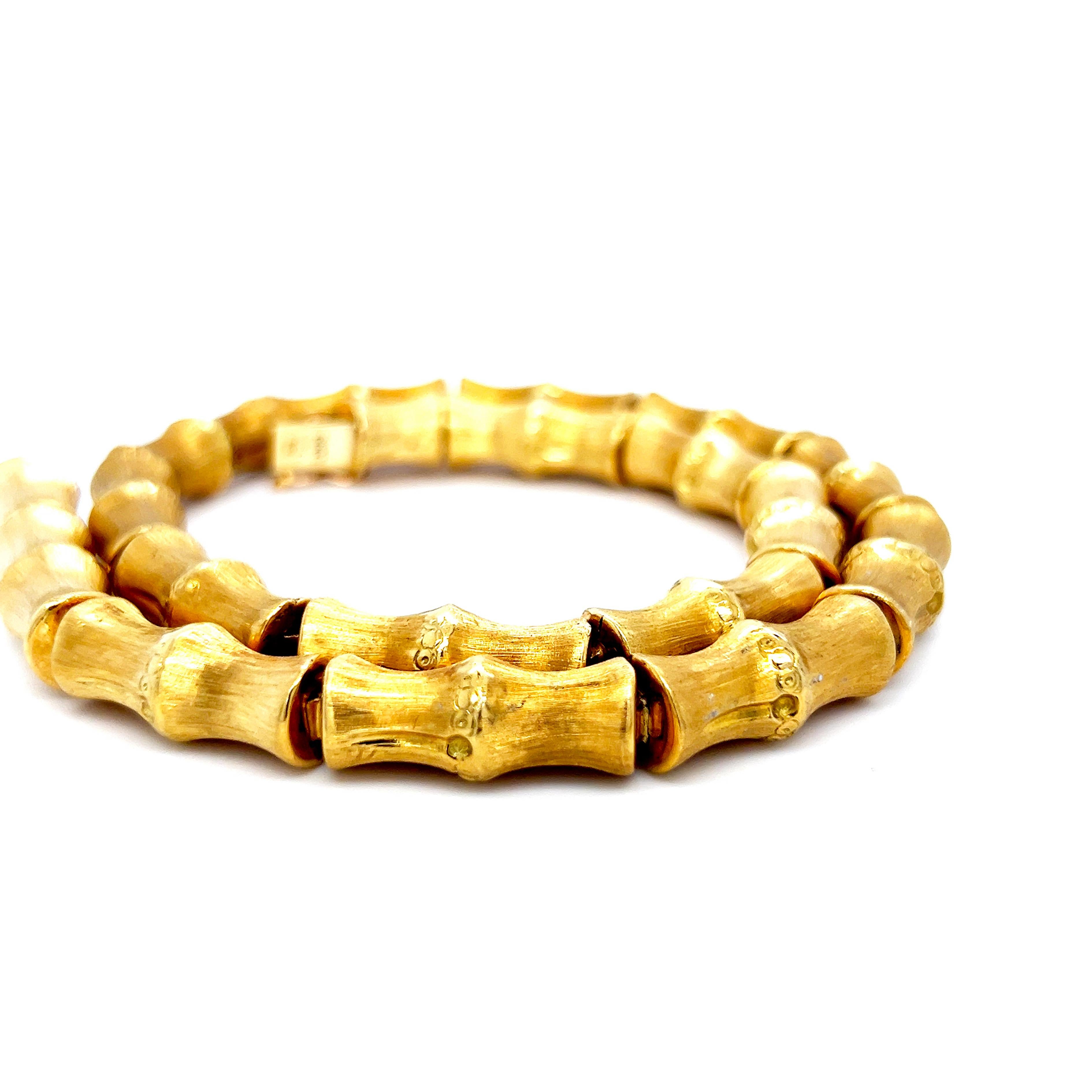 One-of-a-kind, circa 1980, Hancrafted Yellow Gold brushed Necklace, in Gucci Iconic Bamboo Style. This unique, chic and simple custom made piece is crafted to look and feel like precious silky wood  fitting perfectly on your neck or with effortless