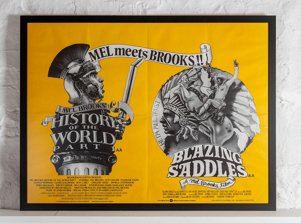 An original British quad movie poster from 1982 featuring the double billing of Blazing Saddles (1974) and History of the World Part I (1981). Both films directed by Mel Brooks.
These were produced for theatrical re-release in the UK and this is an