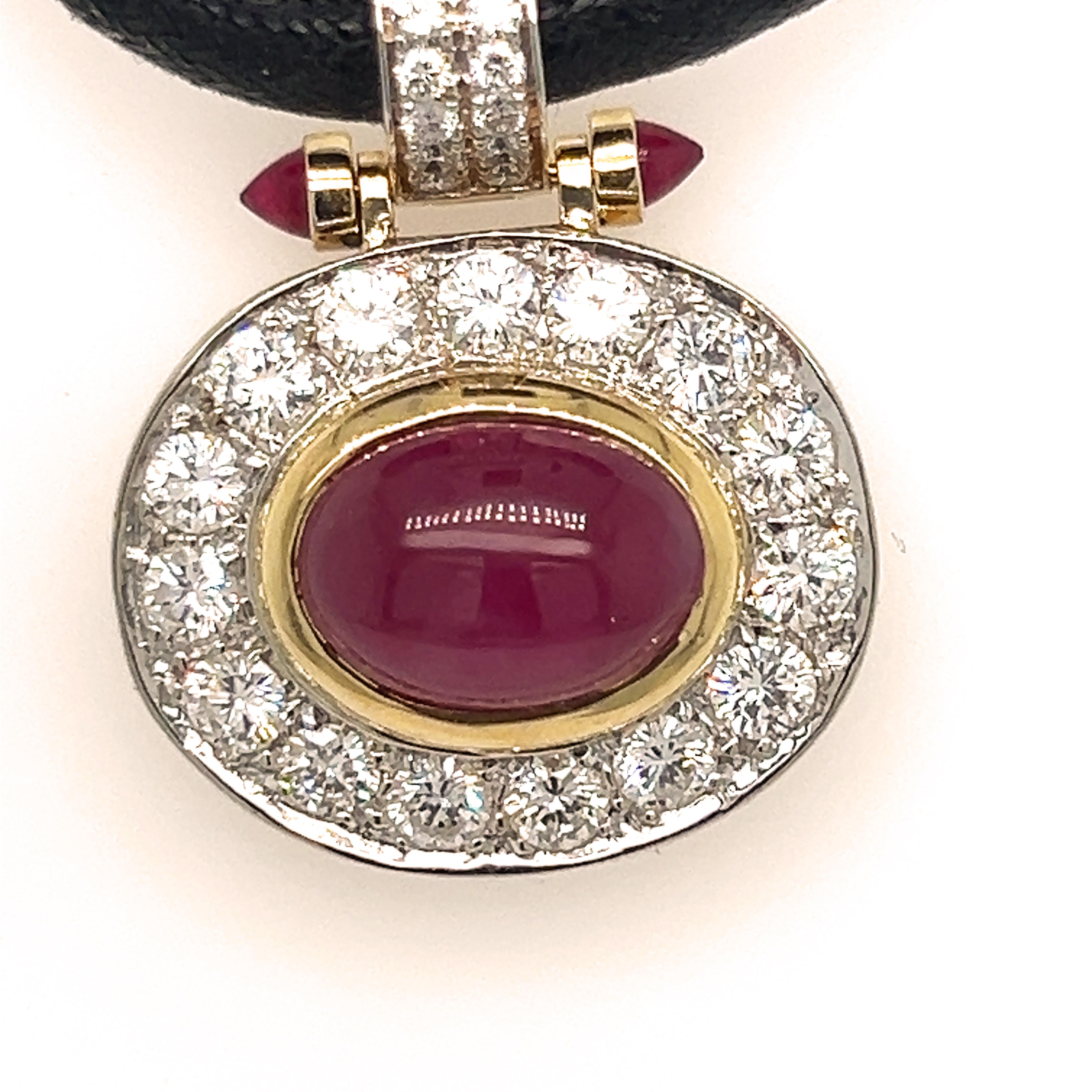 Extraordinary, One-of-a-kind, Original 1985, Bulgari  Pendant: this extremely versatile, absolutely chic piece is a beautiful example of Bulgari's golden age craftsmanship and creativity. The iconic Ruby Cabochon motif is here stylized in a