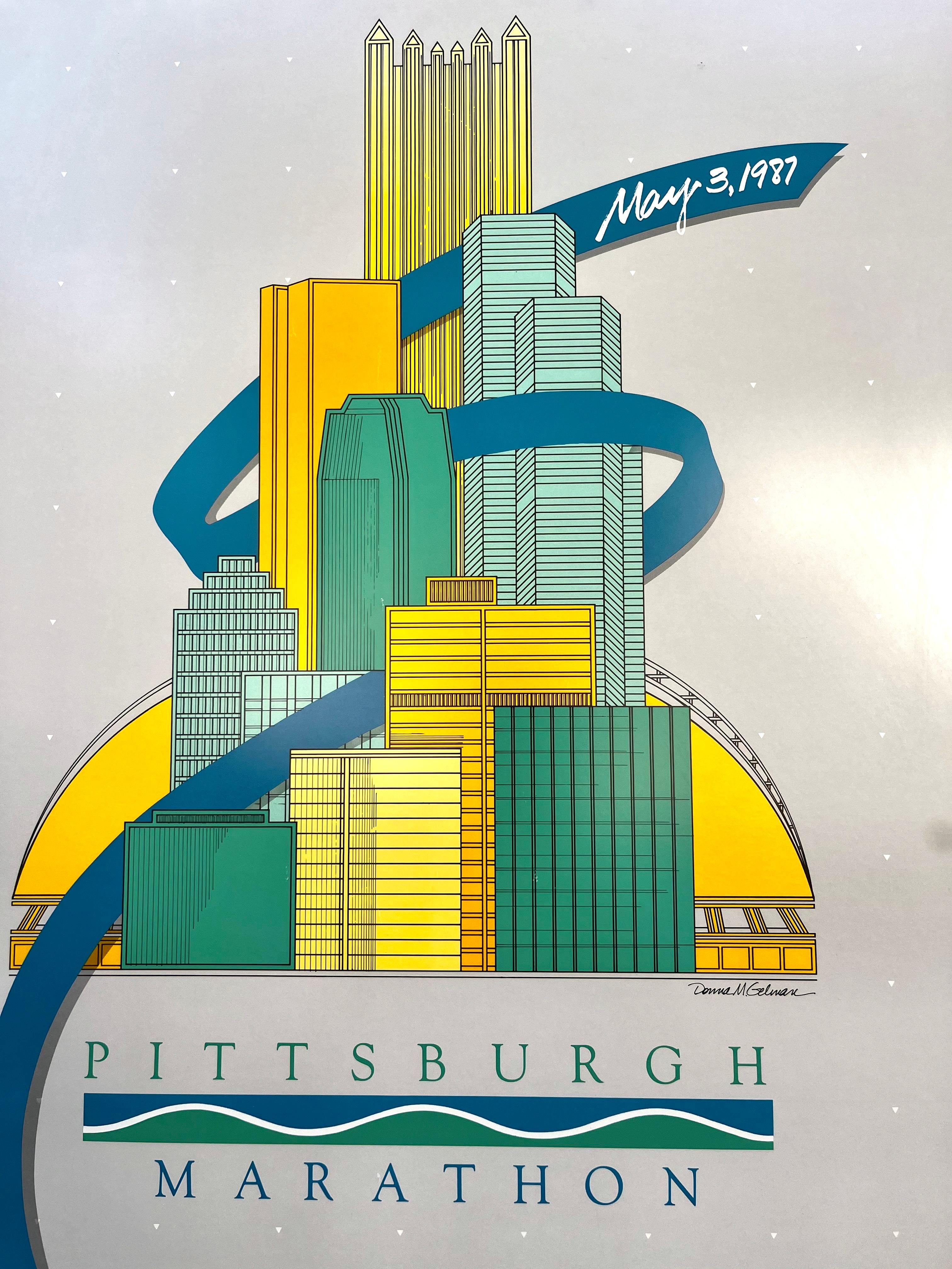 Chrome Original 1987 Pittsburgh Marathon Promotional Framed Poster For Sale
