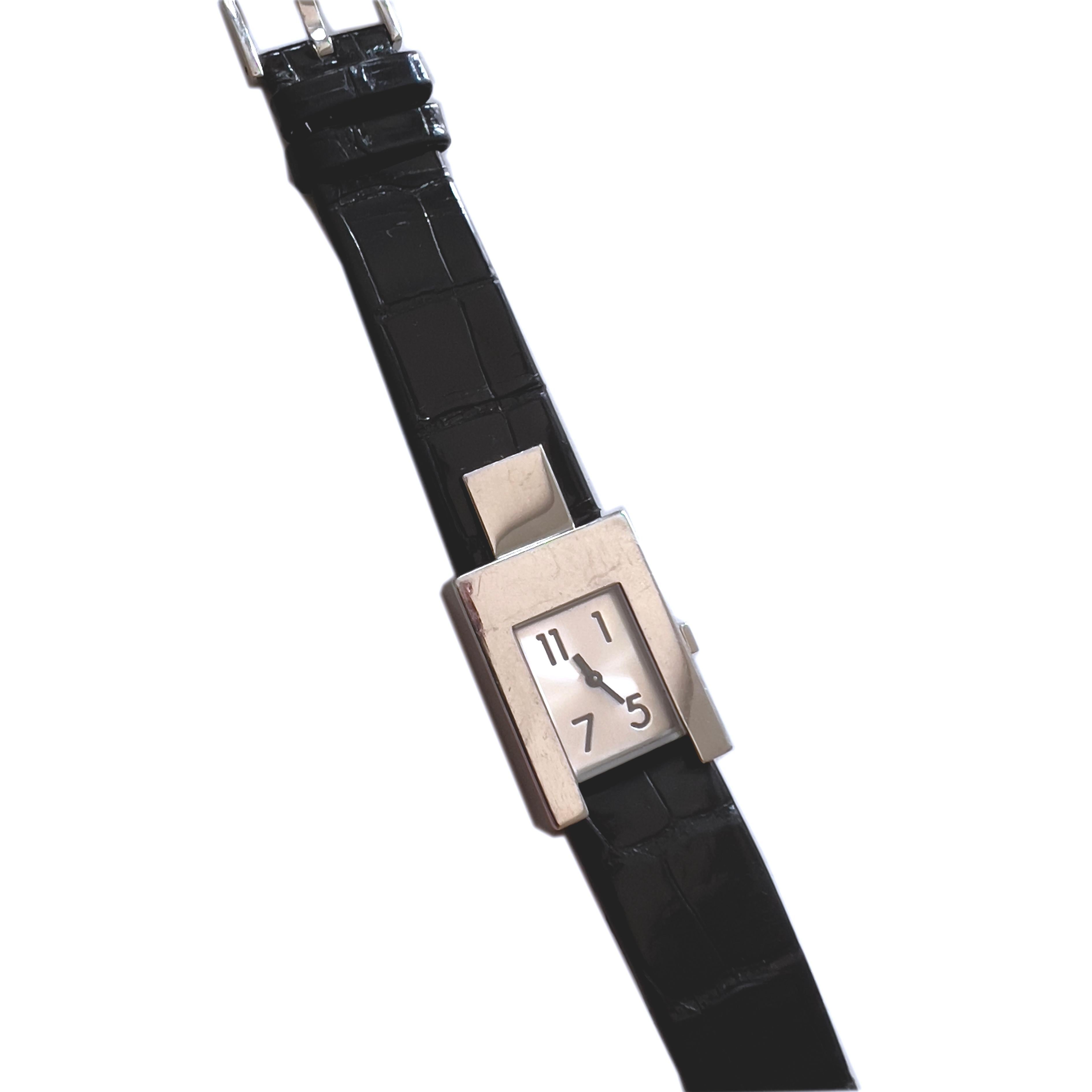 Original 1997 Iconic Pomellato Stainless Steel, Self- Winding Mechanical Movement Stress Watch, Black Leather Strap: a square plate creates an aesthetic link that connects  the watch to the fitted strap making this piece absolutely unique, chic yet
