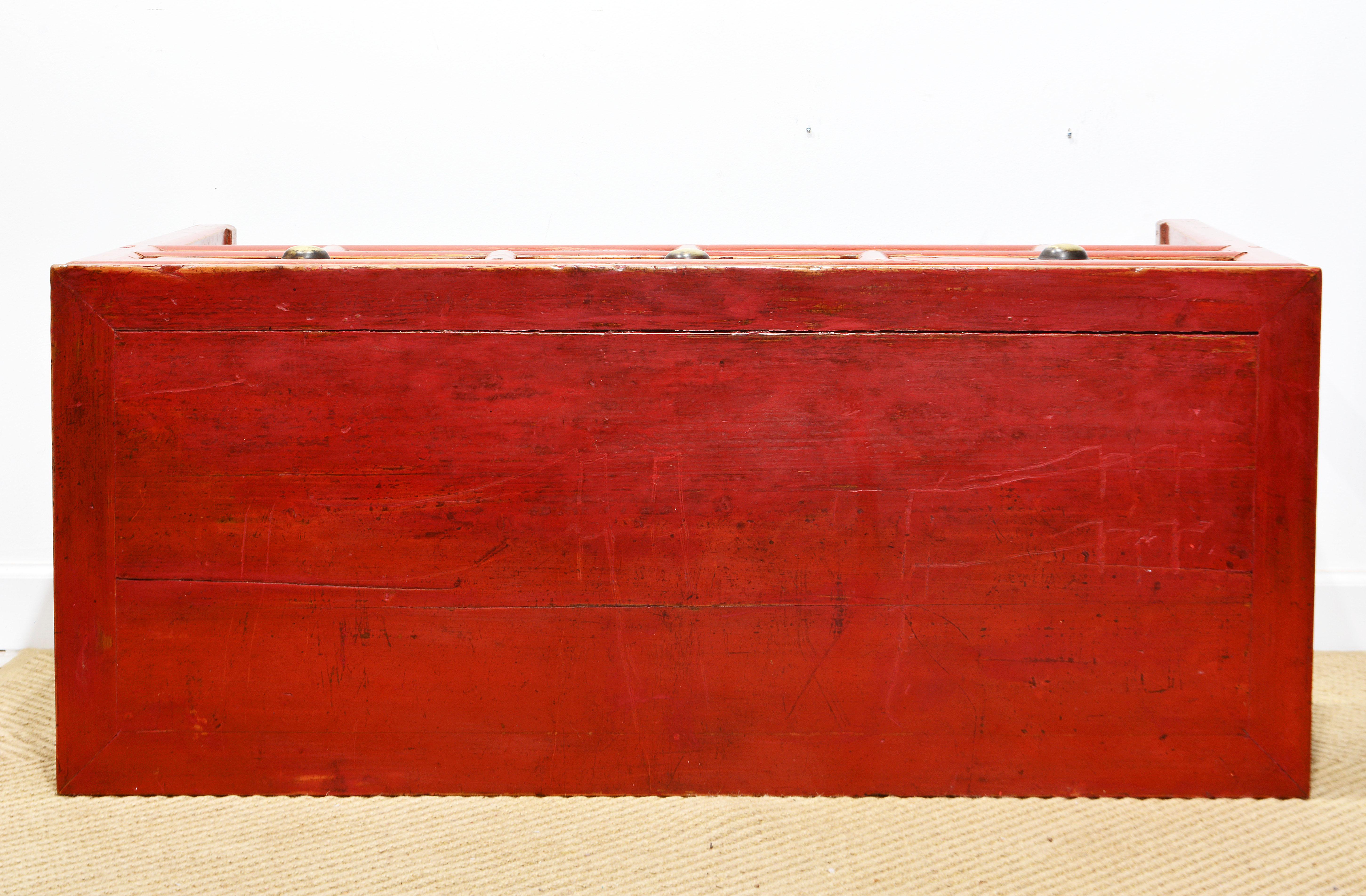 Original 19th C Chinese Partly Red Lacquered Three Drawer Storage Console Table  For Sale 5