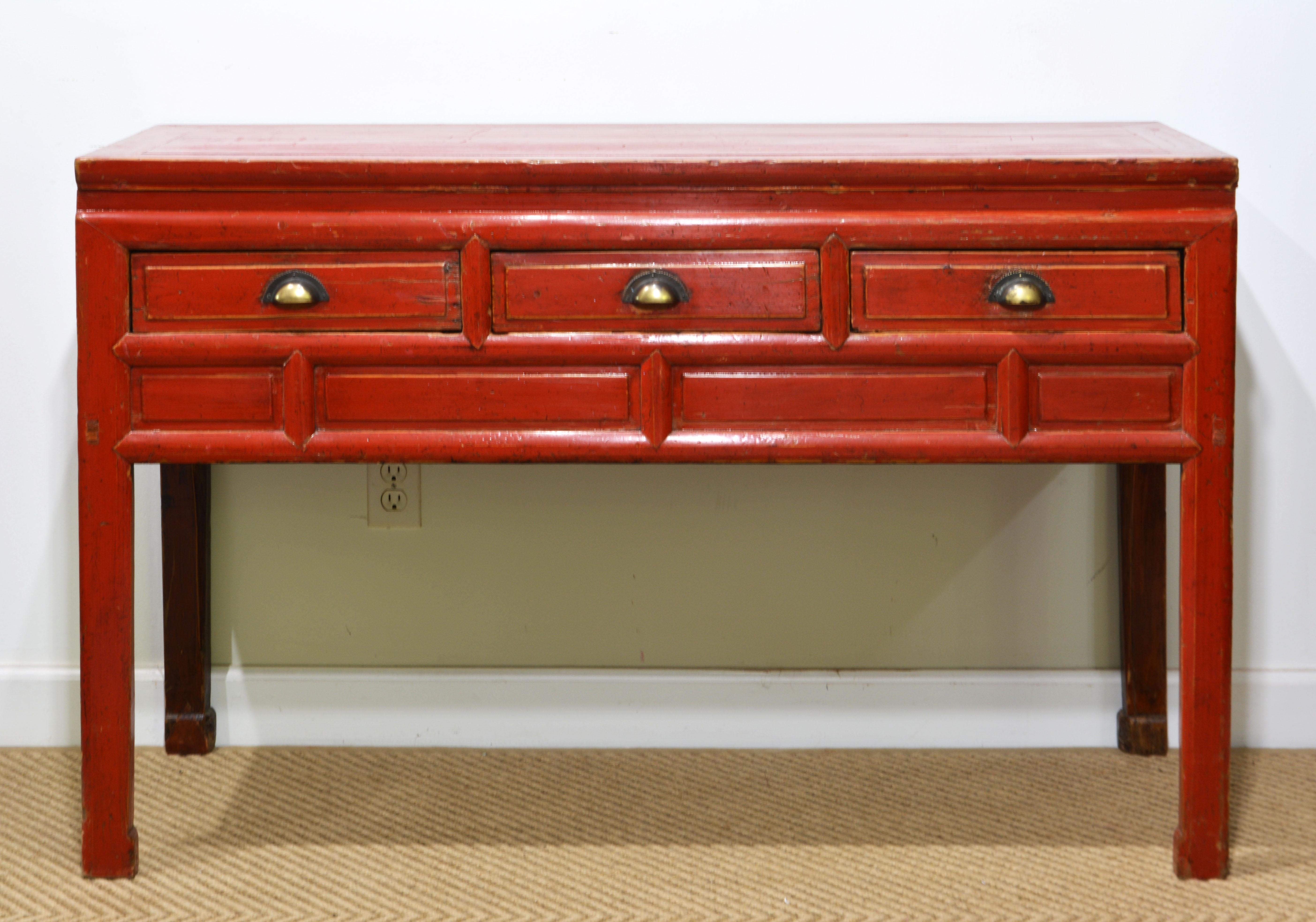 Original 19th C Chinese Partly Red Lacquered Three Drawer Storage Console Table  For Sale 8