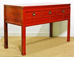 Original 19th C Chinese Partly Red Lacquered Three Drawer Storage Console Table