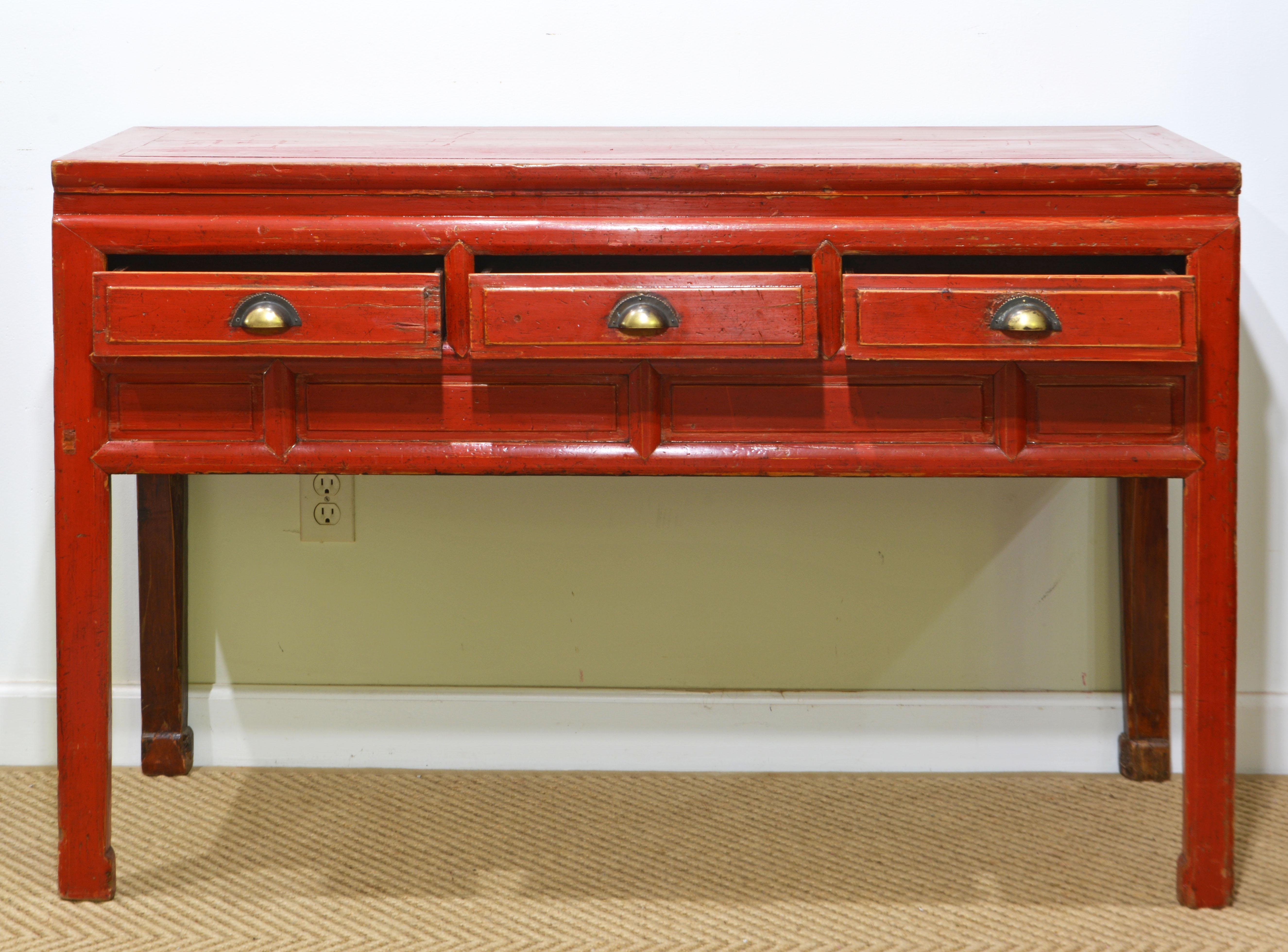 Ming Original 19th C Chinese Partly Red Lacquered Three Drawer Storage Console Table  For Sale