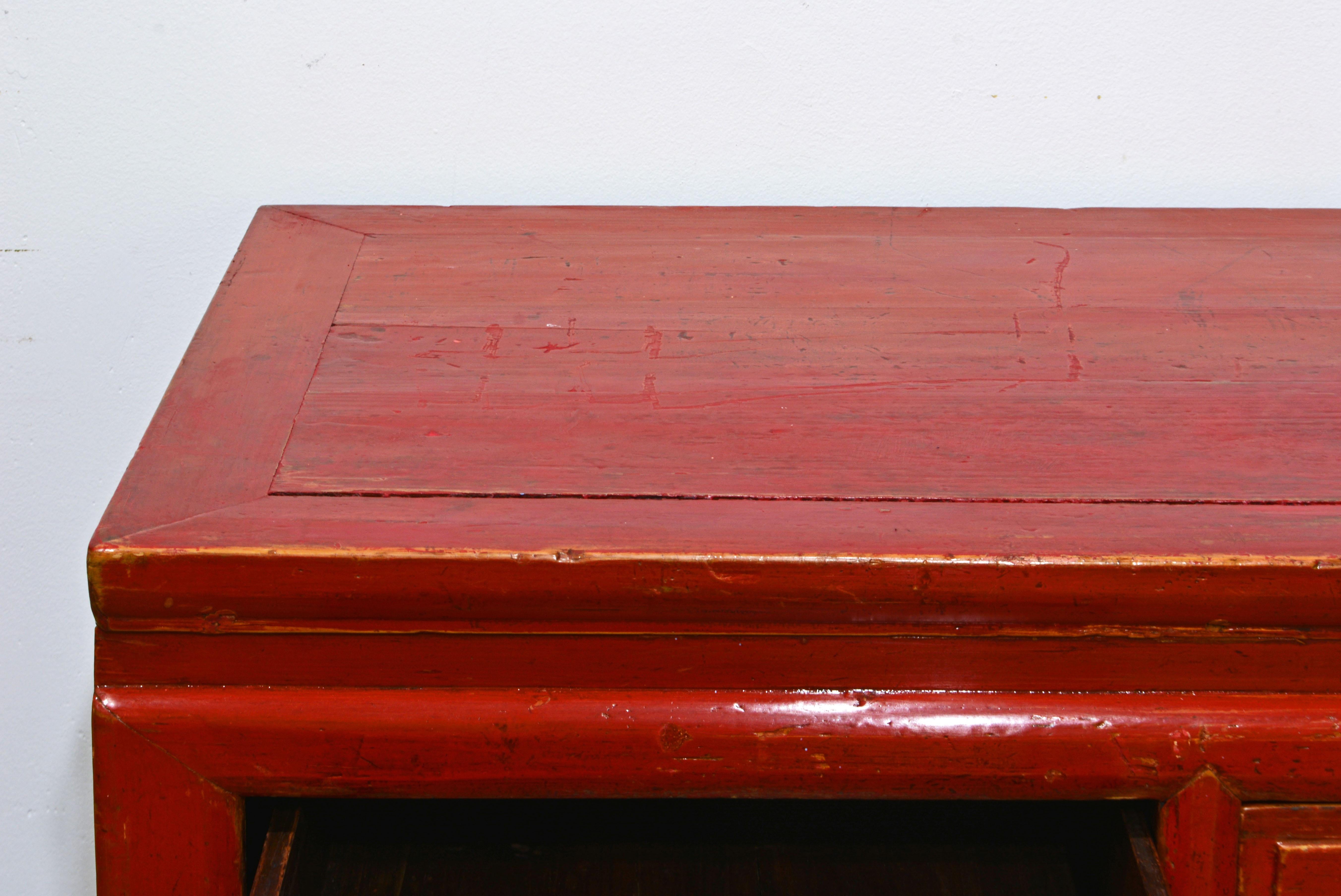 Original 19th C Chinese Partly Red Lacquered Three Drawer Storage Console Table  In Fair Condition For Sale In Ft. Lauderdale, FL