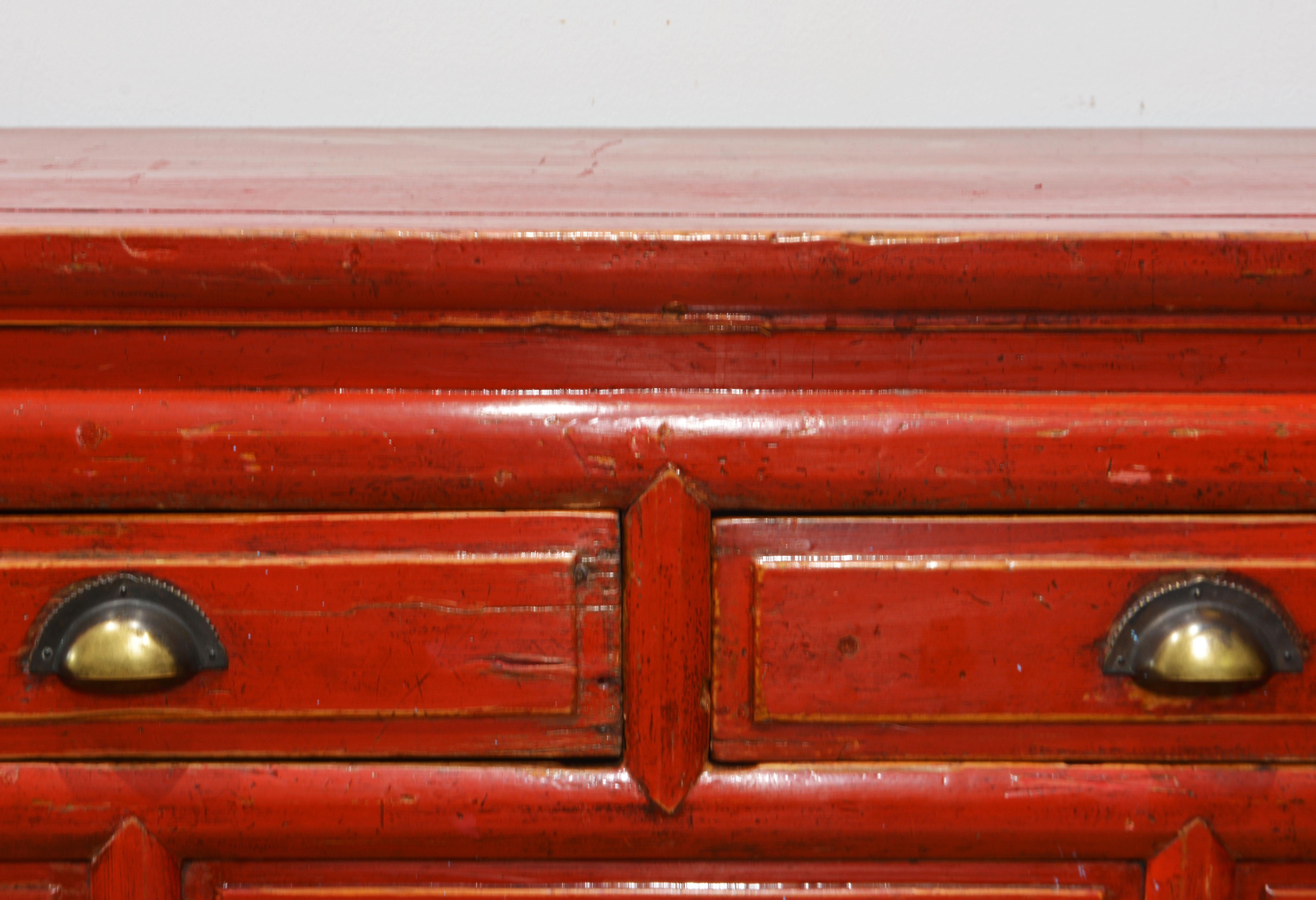 Original 19th C Chinese Partly Red Lacquered Three Drawer Storage Console Table  For Sale 2