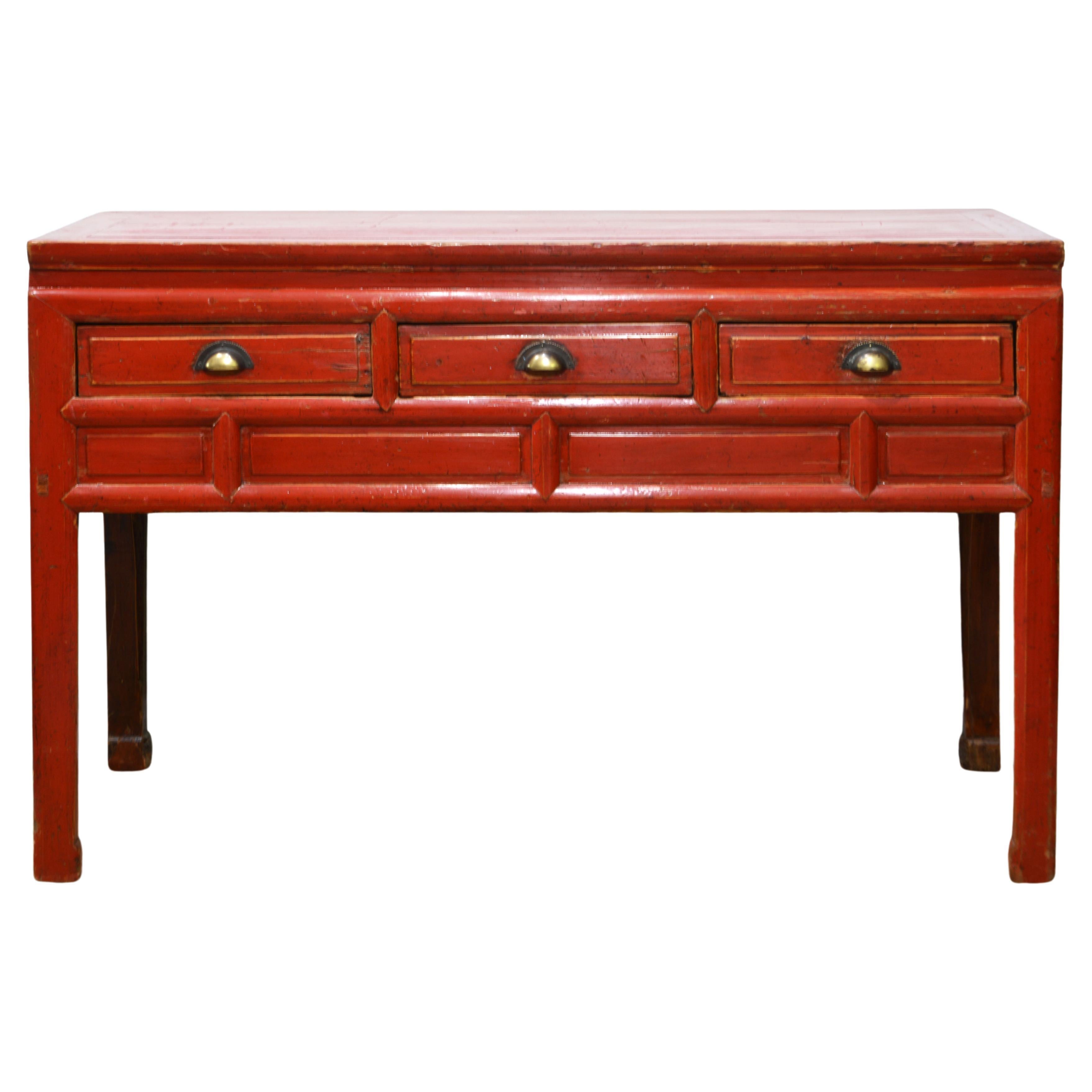 Original 19th C Chinese Partly Red Lacquered Three Drawer Storage Console Table 