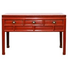 Original 19th C Chinese Partly Red Lacquered Three Drawer Storage Console Table