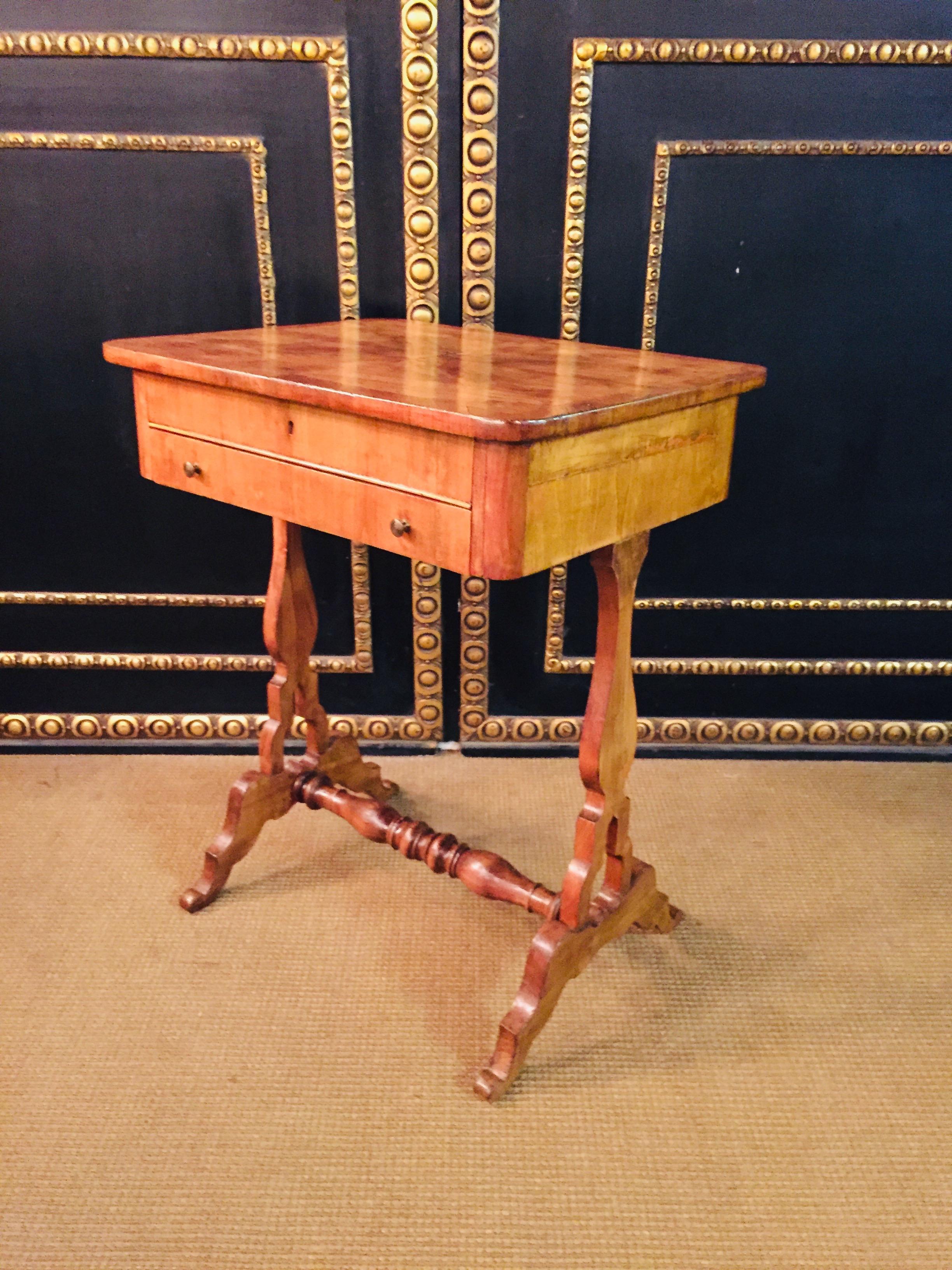 Original 19th Century antique Biedermeier Sewing Table Lyra Legs Cherrywood For Sale 9