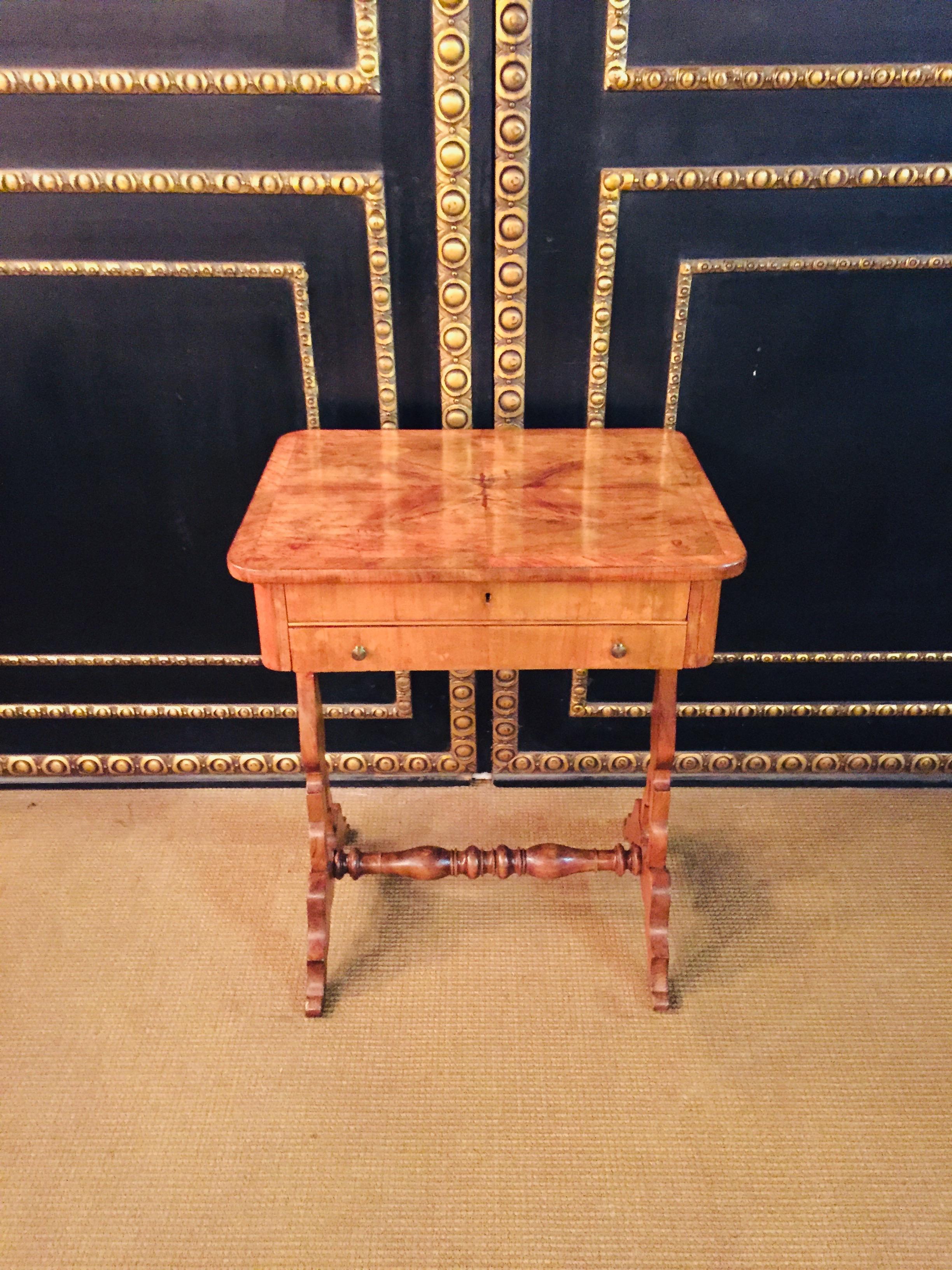 German Original 19th Century antique Biedermeier Sewing Table Lyra Legs Cherrywood For Sale