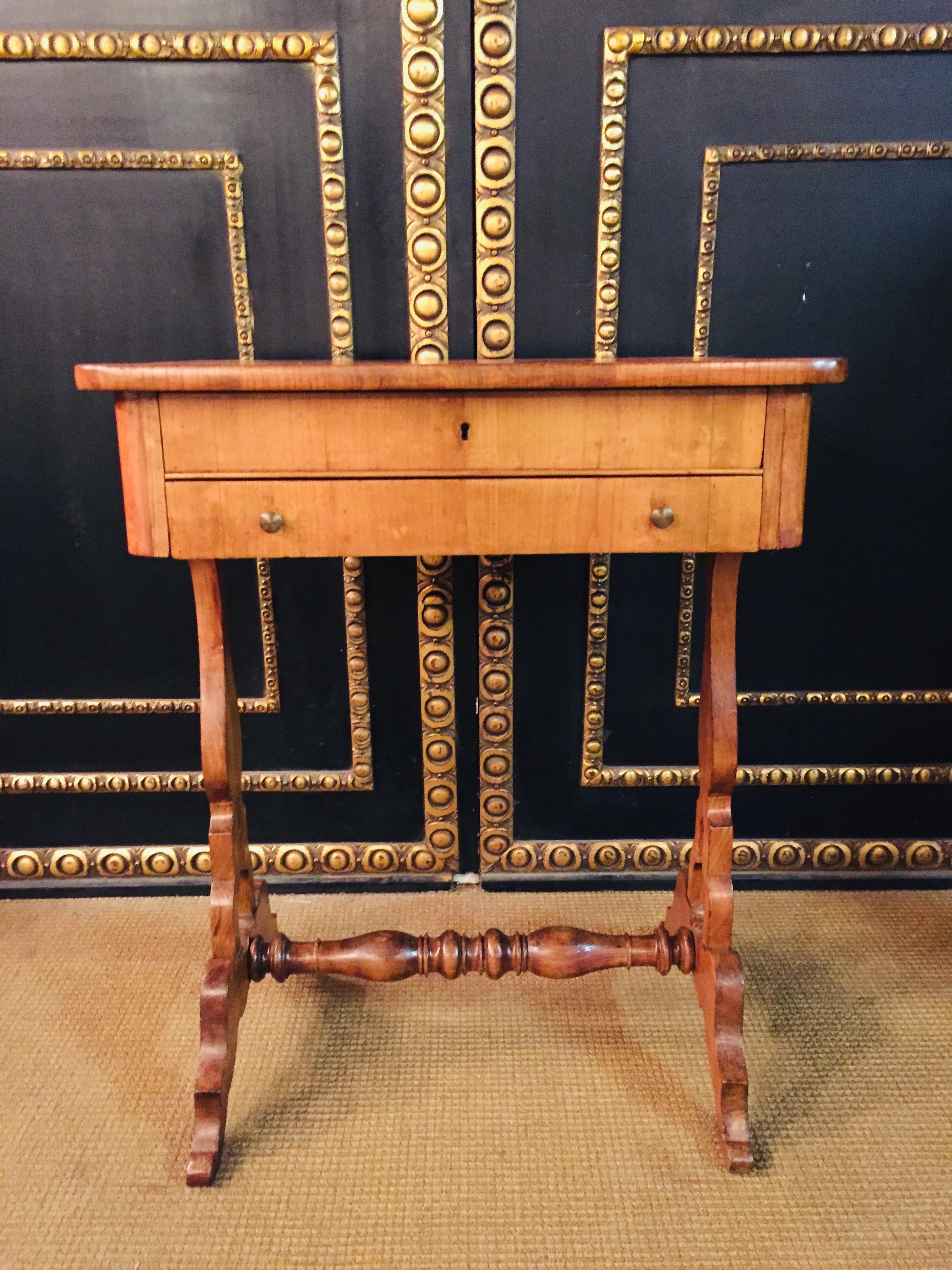 Veneer Original 19th Century antique Biedermeier Sewing Table Lyra Legs Cherrywood For Sale