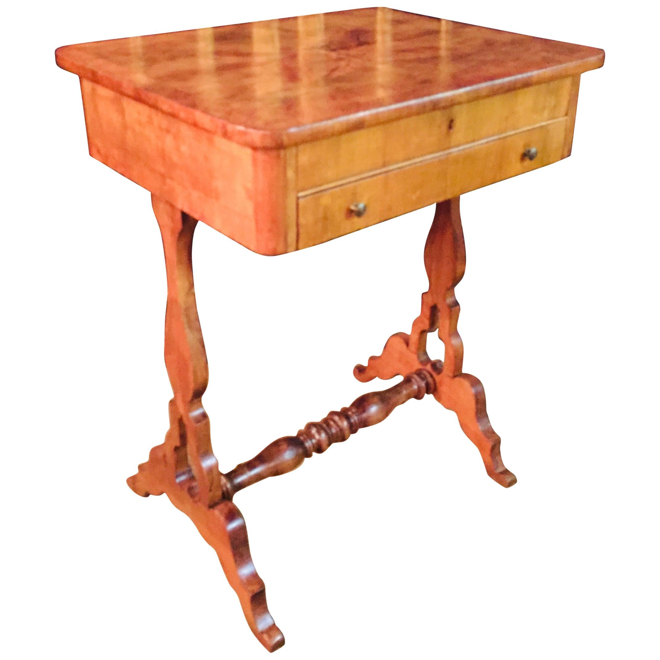 Original 19th Century antique Biedermeier Sewing Table Lyra Legs Cherrywood For Sale