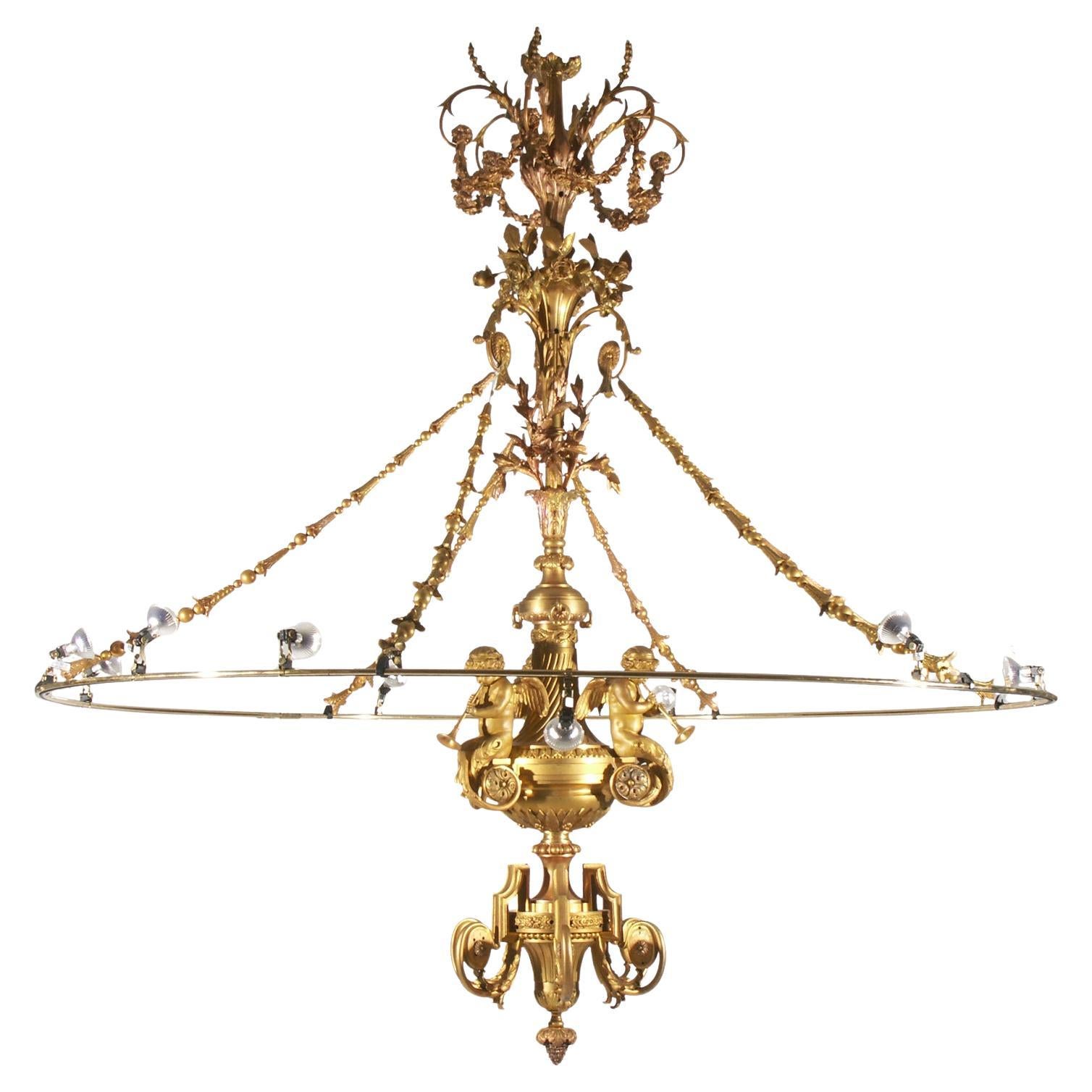 Original 19th Century Bronze Lighting Sculpture Historicism Baroque Chandelier