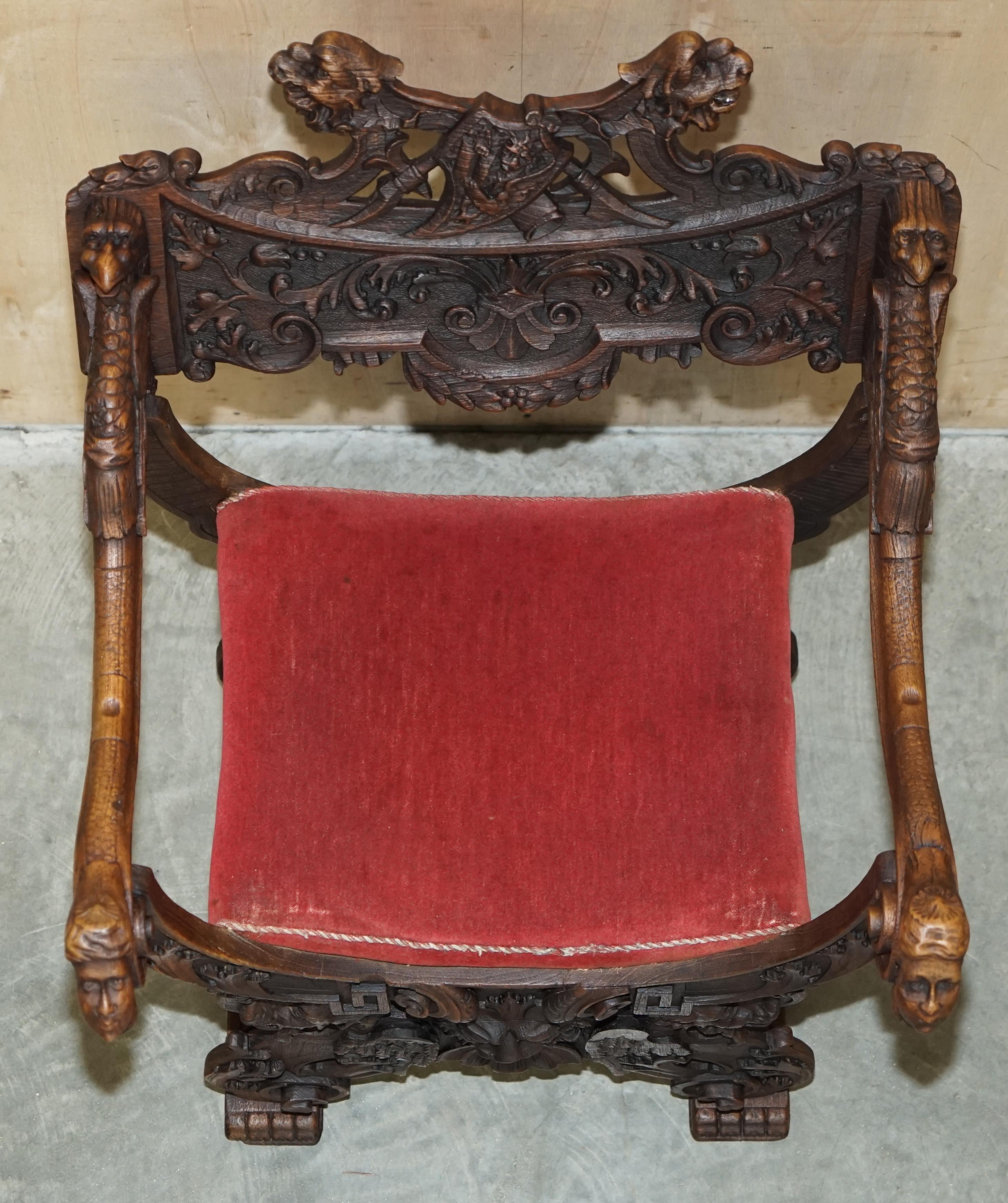 Original 19th Century Heavily Hand Carved Italian Walnut Throne Armchair For Sale 12
