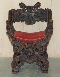 Original 19th Century Heavily Hand Carved Italian Walnut Throne Armchair
