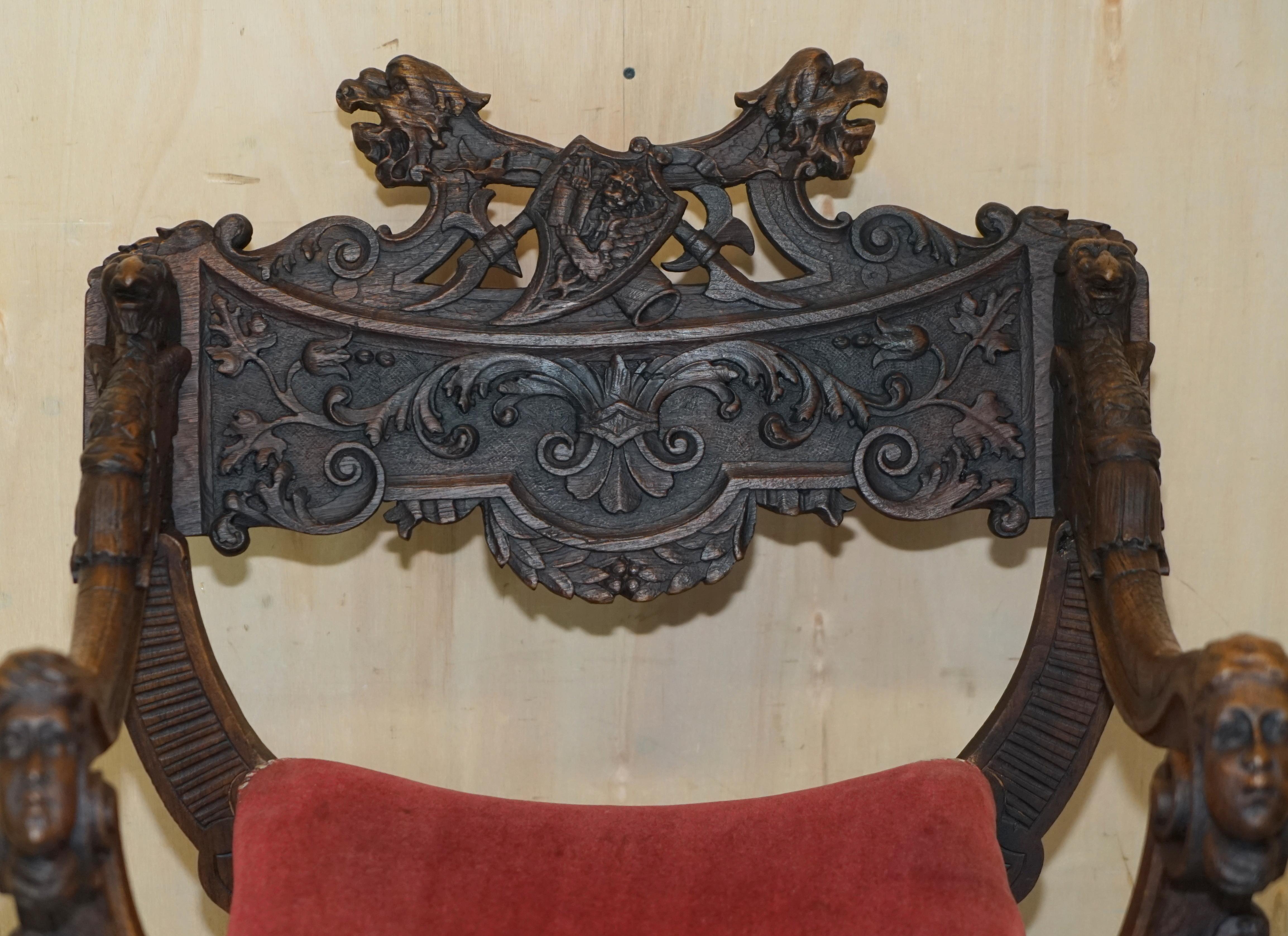 Victorian Original 19th Century Heavily Hand Carved Italian Walnut Throne Armchair For Sale