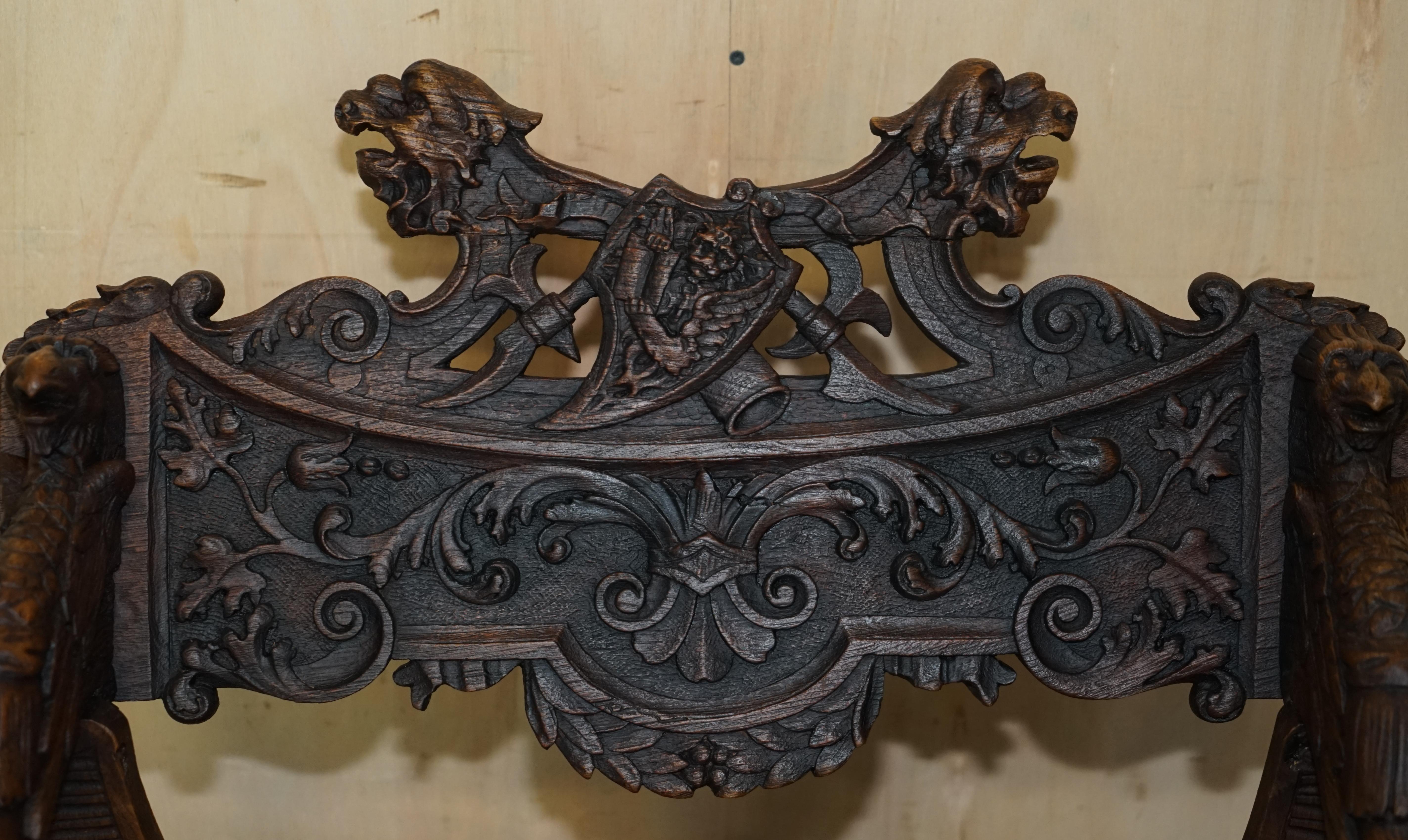 Original 19th Century Heavily Hand Carved Italian Walnut Throne Armchair For Sale 1
