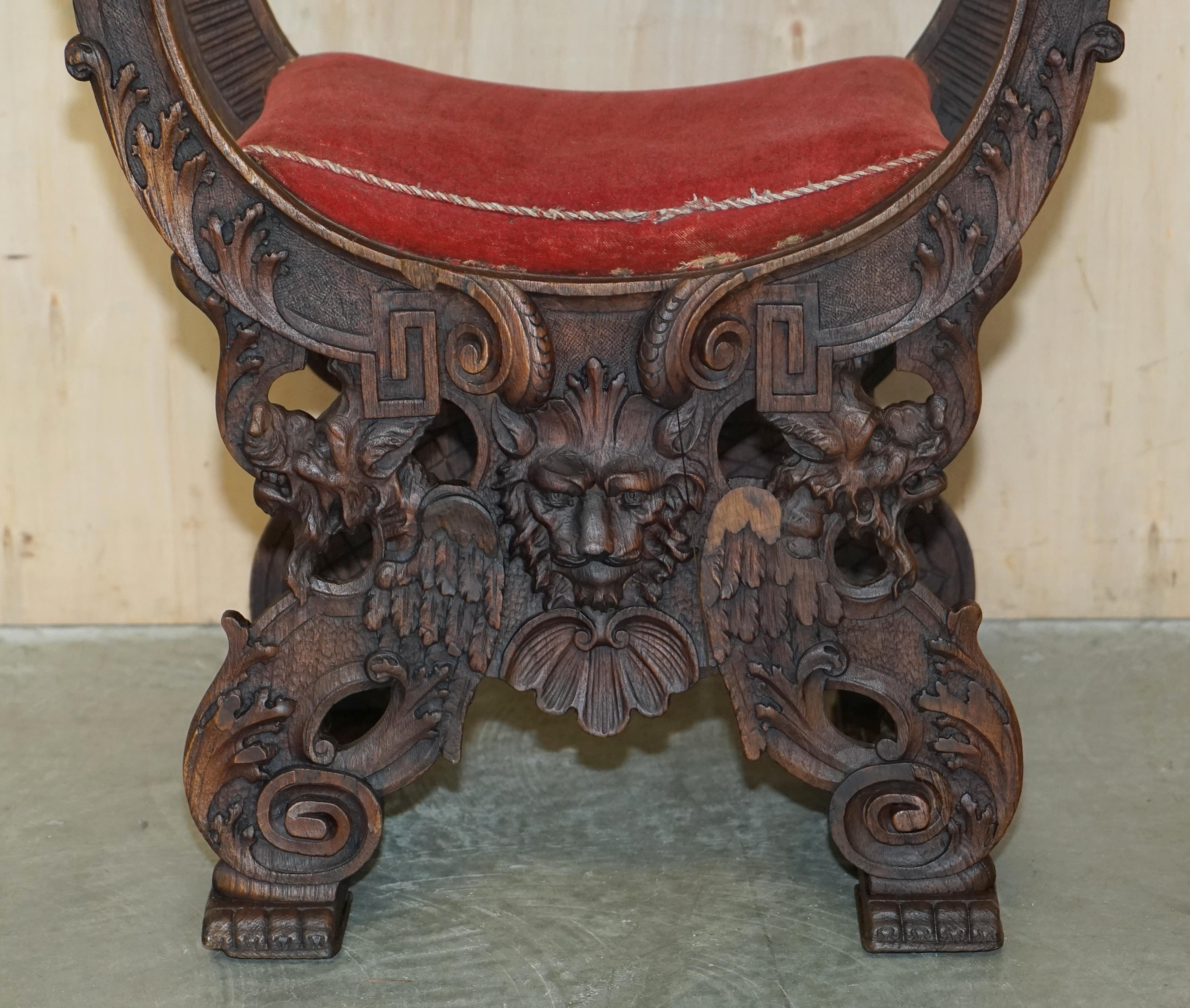 Original 19th Century Heavily Hand Carved Italian Walnut Throne Armchair For Sale 6