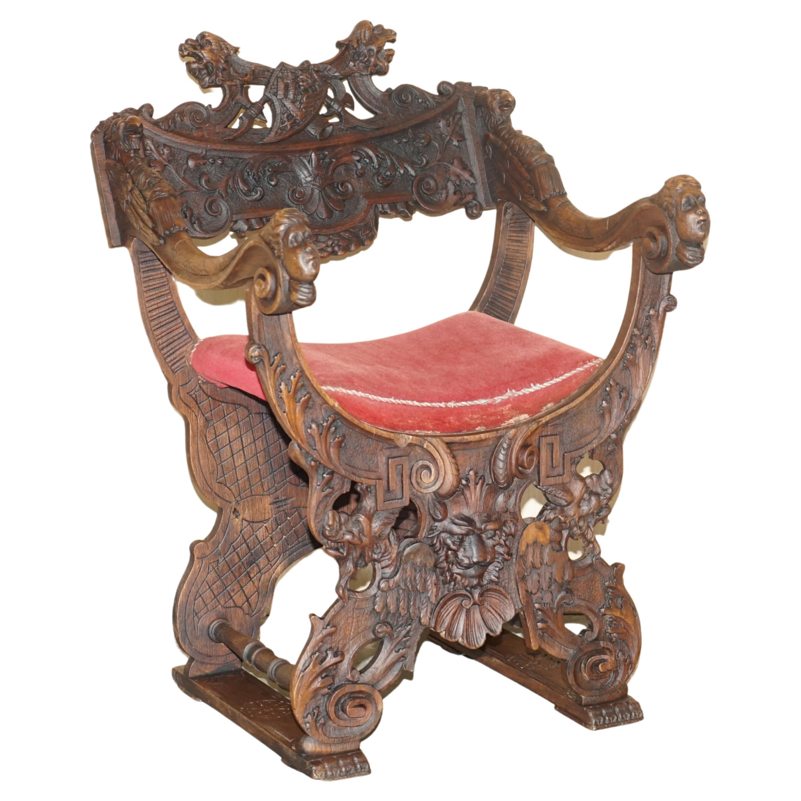 Original 19th Century Heavily Hand Carved Italian Walnut Throne Armchair For Sale
