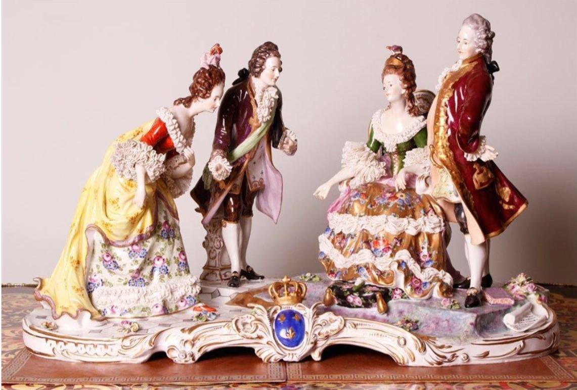 We are are offering this Large Outstanding Monumental Signed Original 19th Century Dresden Figural Group Showcasing 2 Couples. German porcelain figural court scene grouping, with blue German mark on topside of base, also marked 