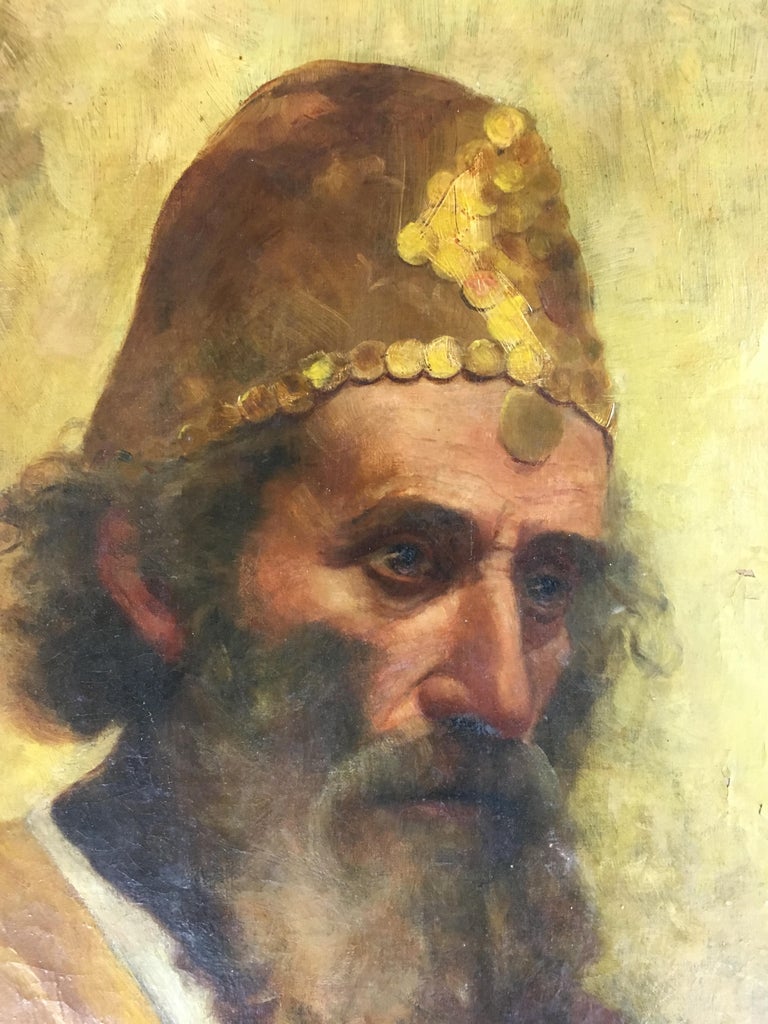 Original 19th century painting of a Holy Man or Prophet, oil on canvas. Signed, artist unknown. Country of origin unknown, purchased in France. Very well painted artwork.

The painting is in very good condition consistent with age, has been