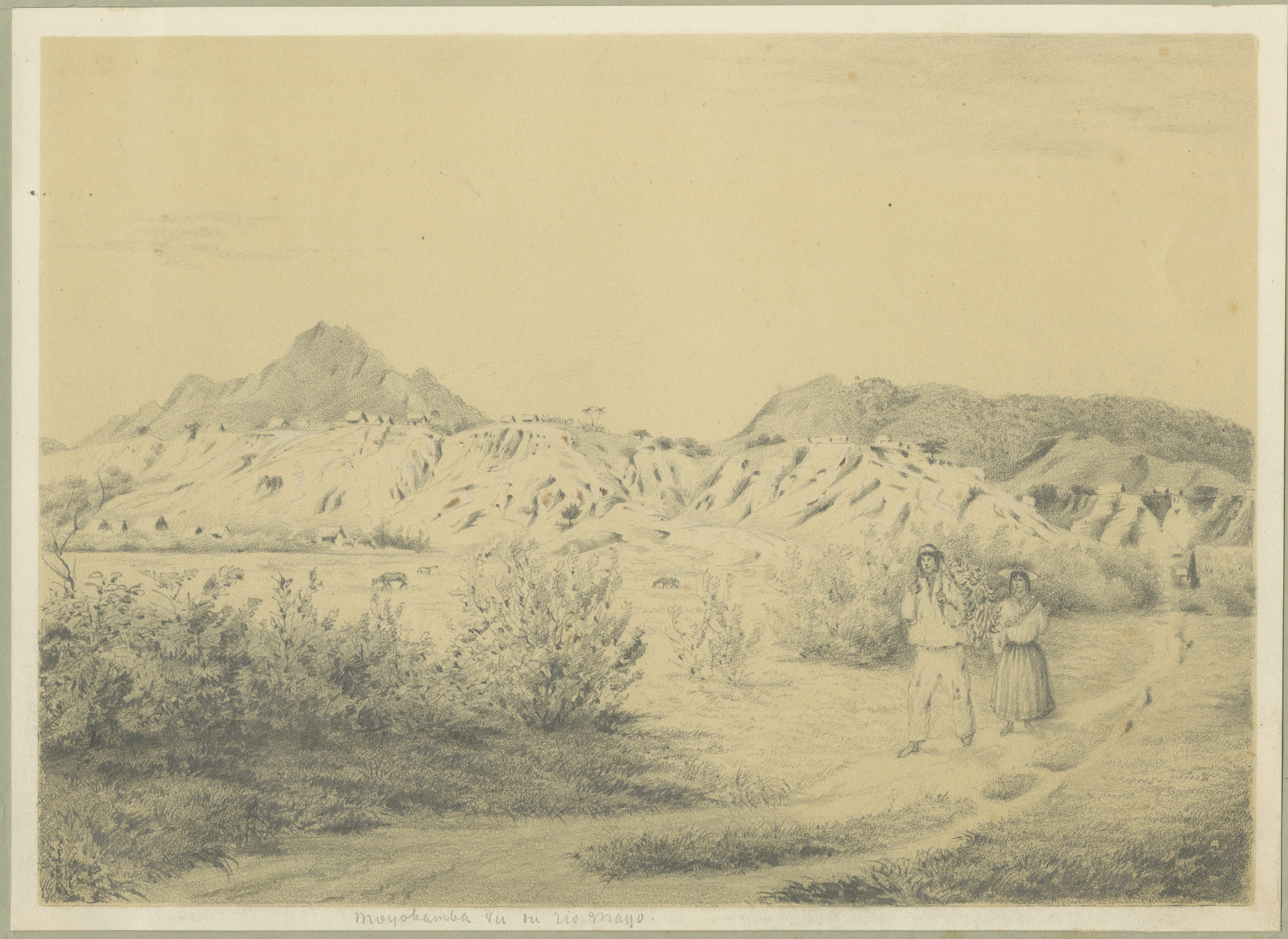 Original 19th Century Pencil Drawing of Moyobamba, Peru, ca.1850