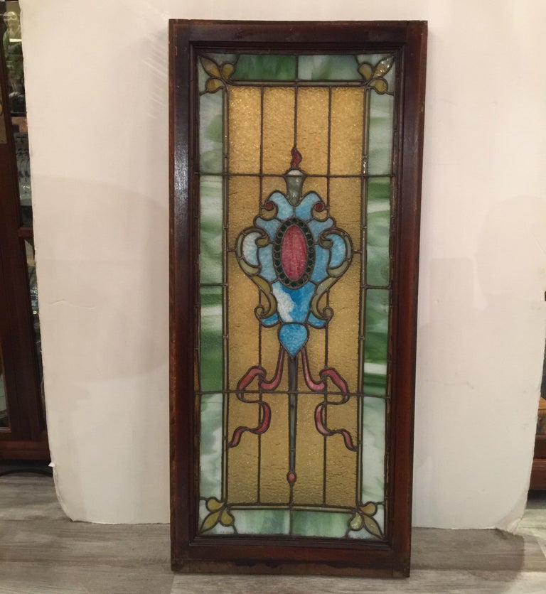 Original 19th Century Stained Glass Panel with Wood Frame For Sale at