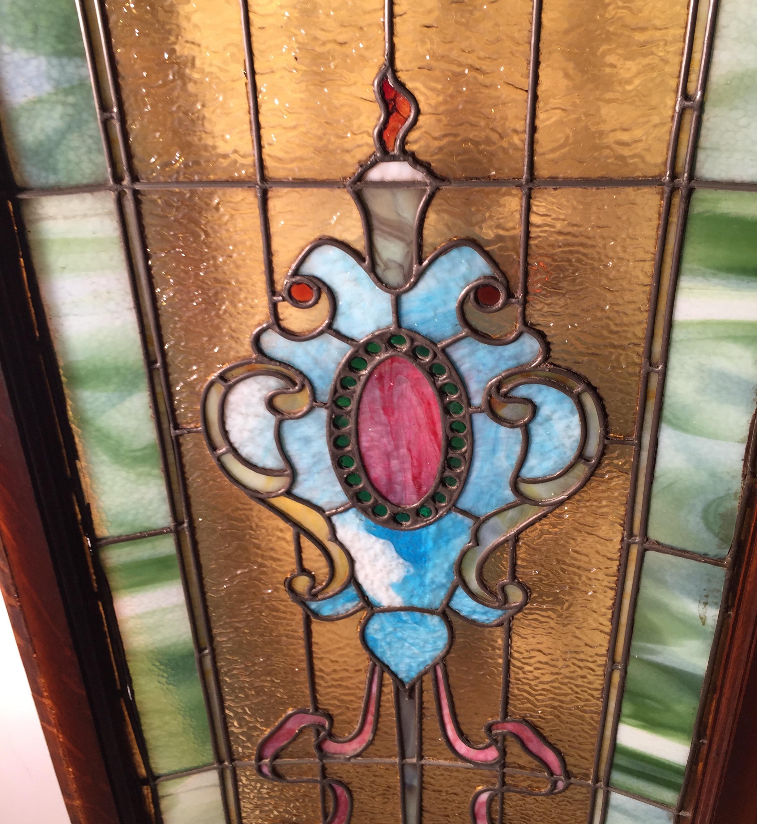 American Original 19th Century Stained Glass Panel with Wood Frame